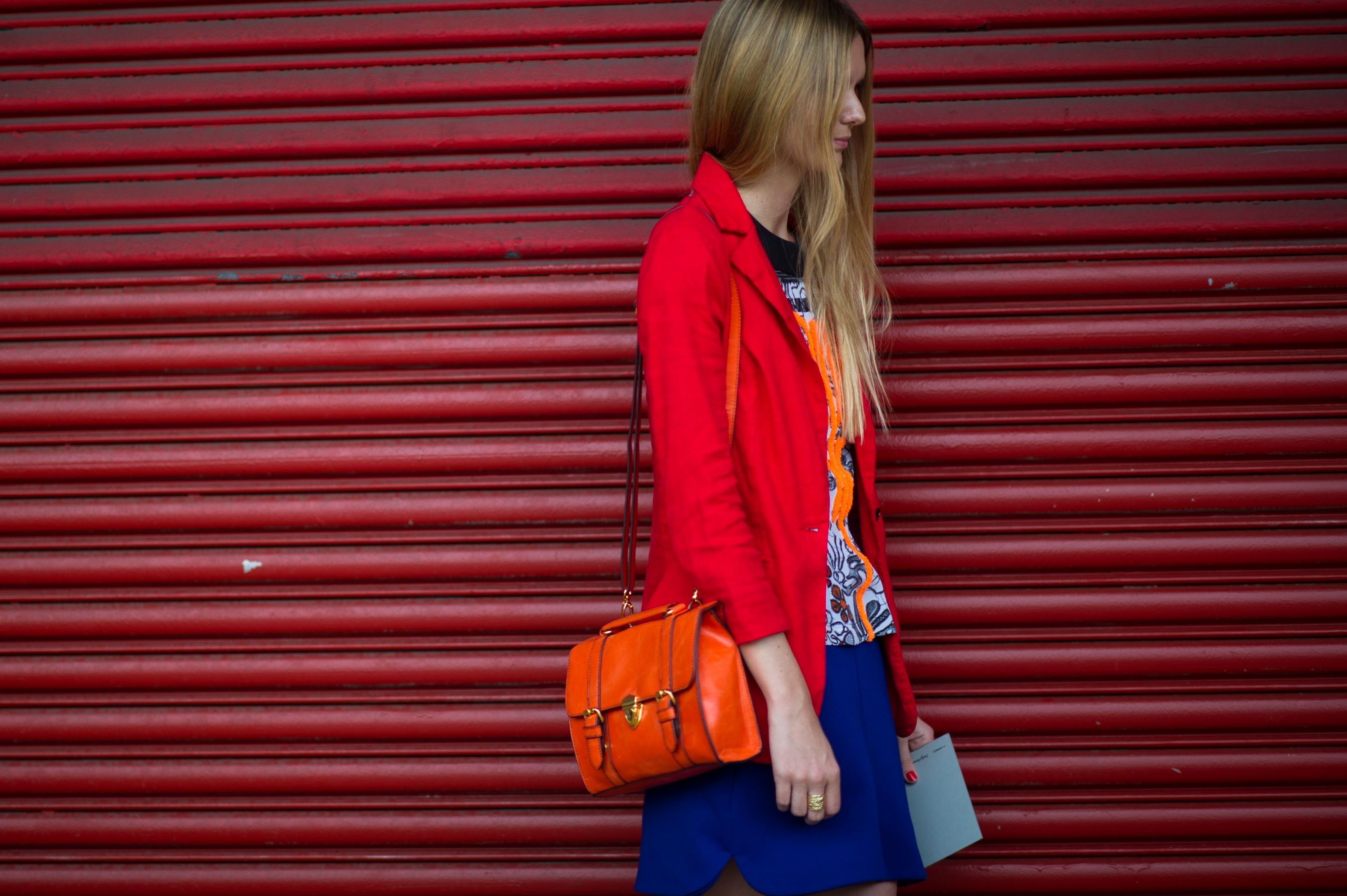 Woman wearing red blazer