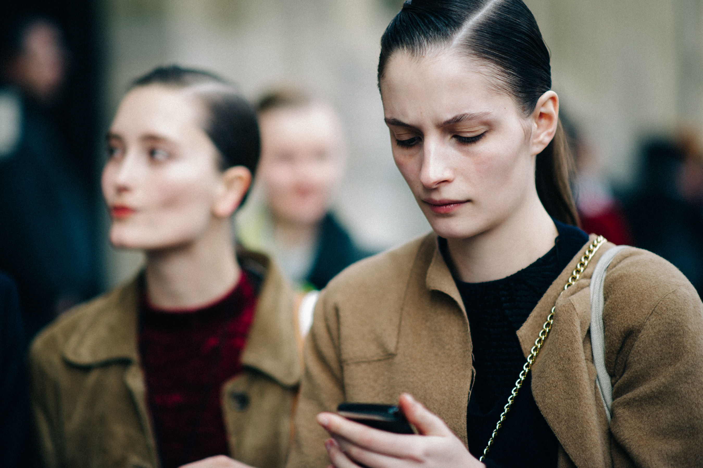Model wearing beige after show