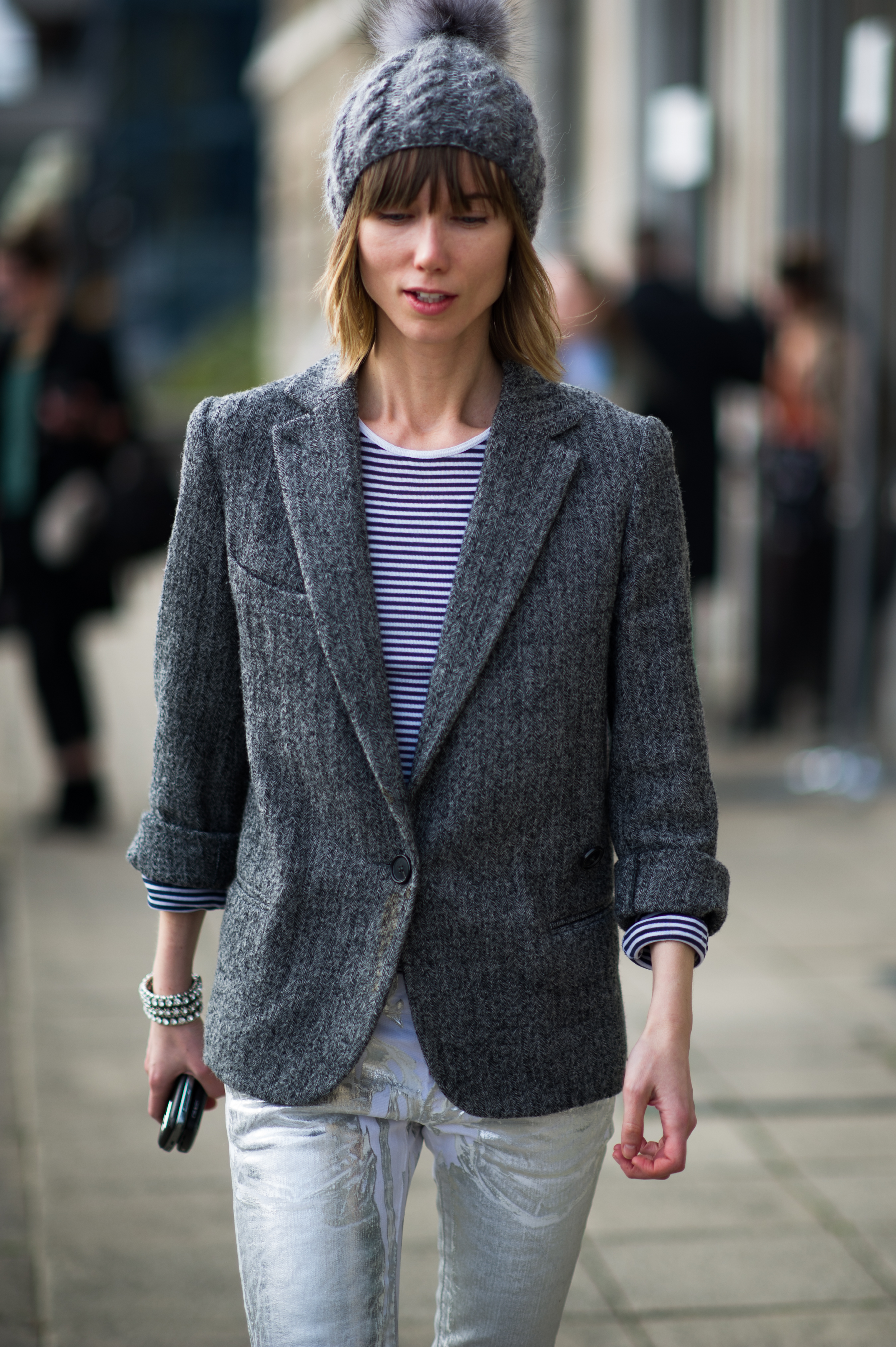 Russian stylist wearing grey outfit