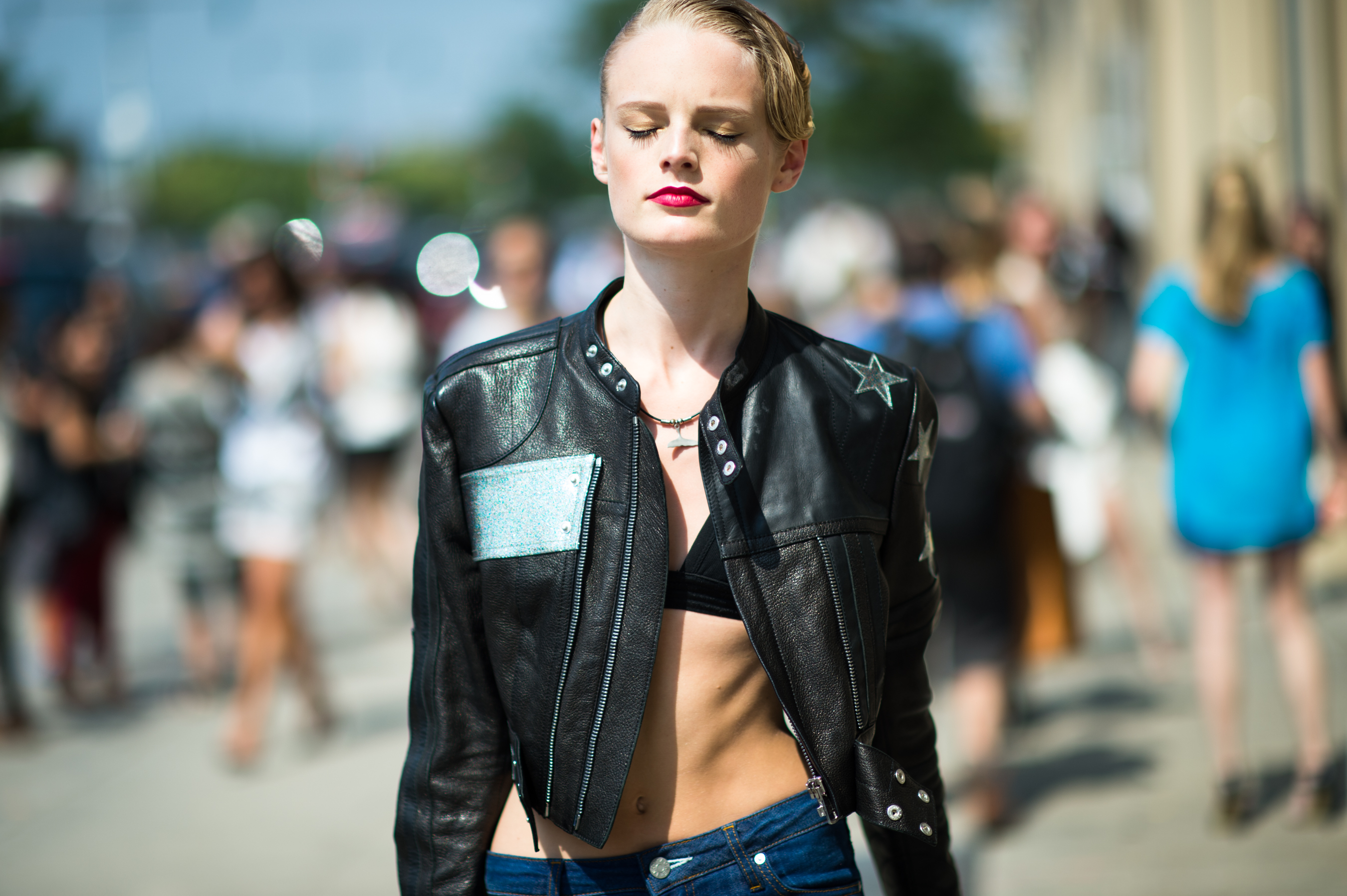 Belgian model wearing acne leather jacket