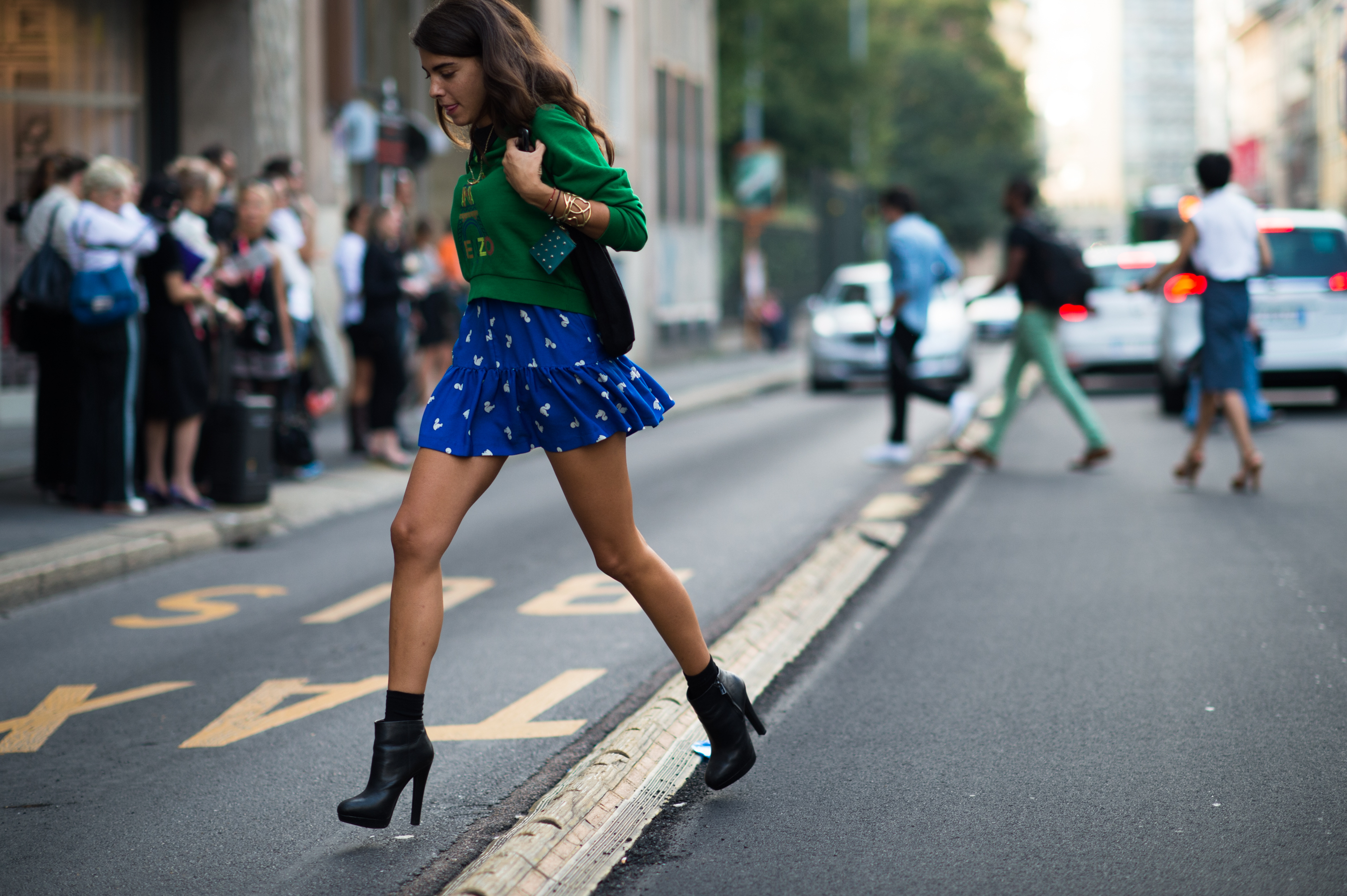 Blue-Skirt-Green-Kenzo-Jumper