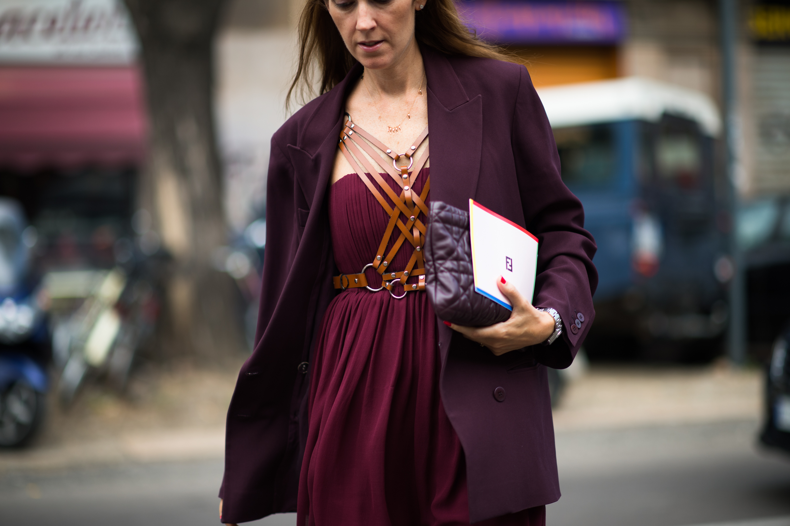 Oxblood-Jacket-Dress-Clutch-Harness