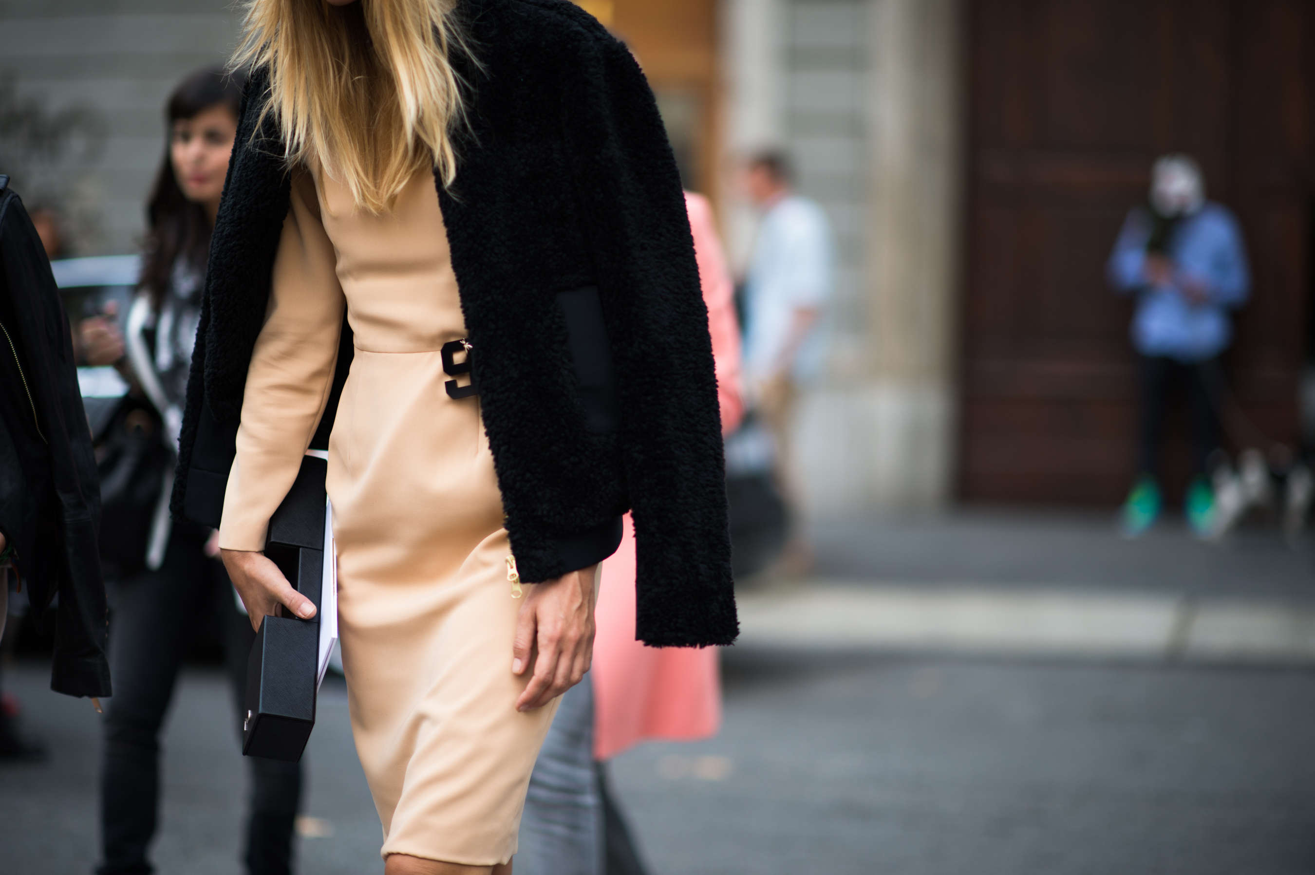 Black-Coat-Nude-Dress-Clutch