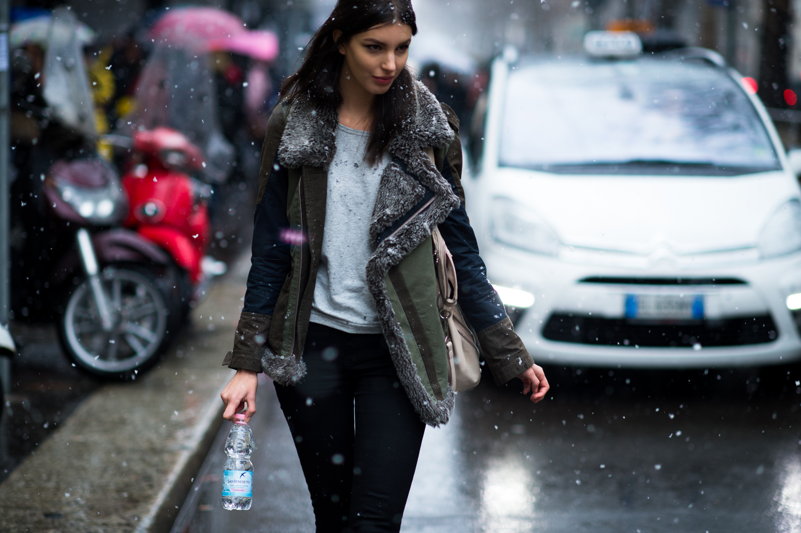 American-Model-Walking-Snow-Storm