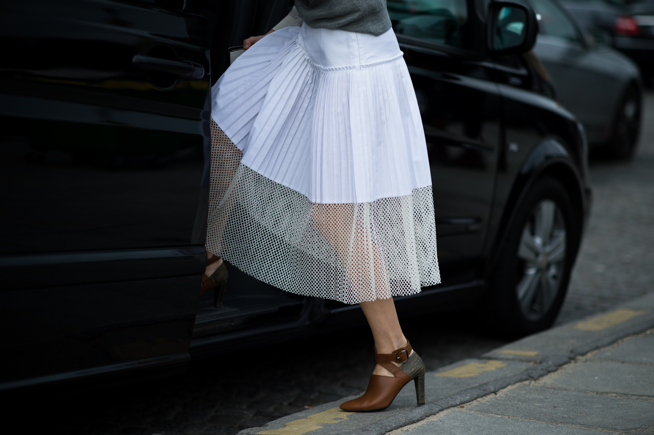 White-Mesh-Skirt-Brown-Shoes