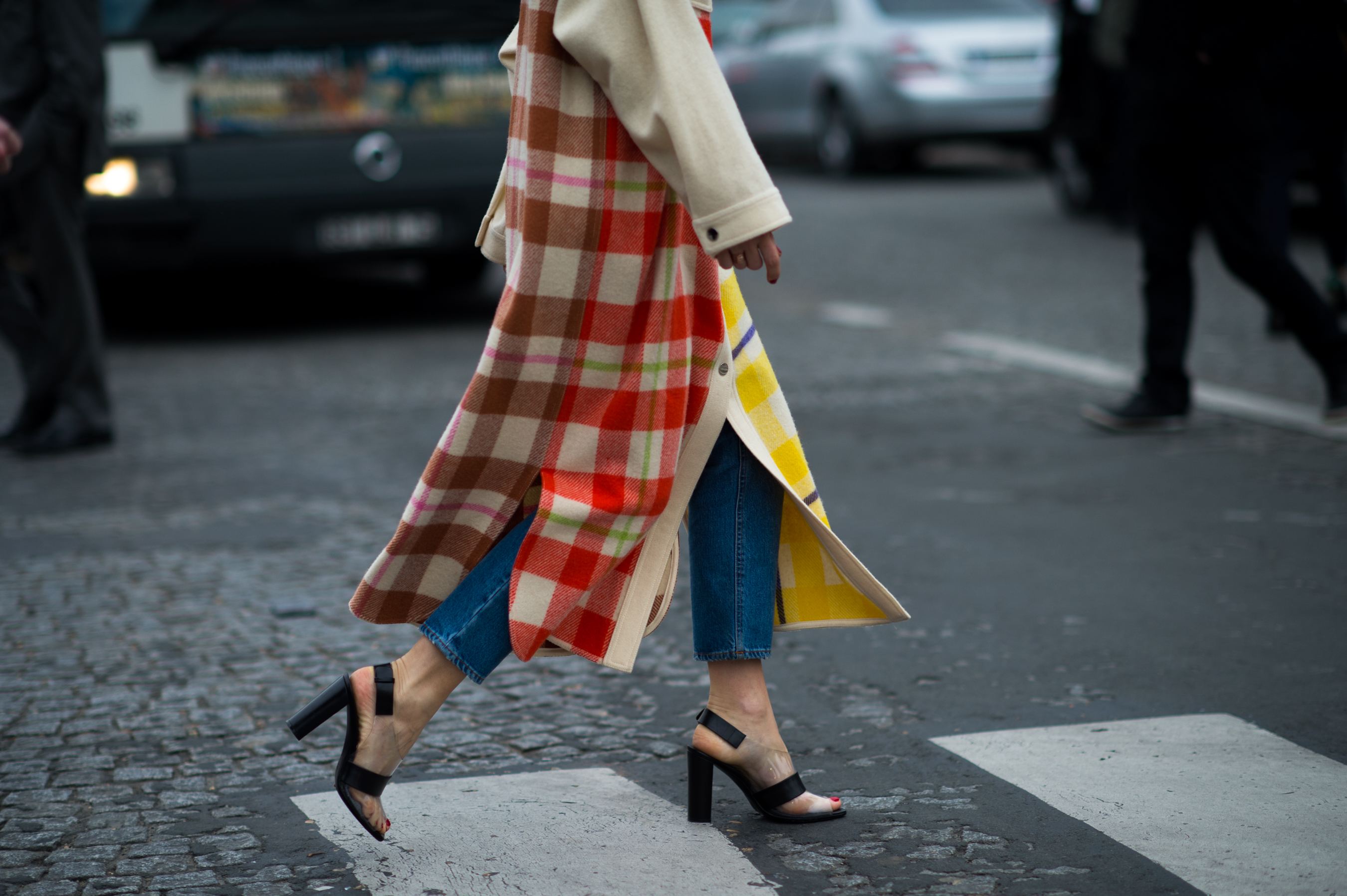 Stylist wearing Plaid Coat with jeans and Heels