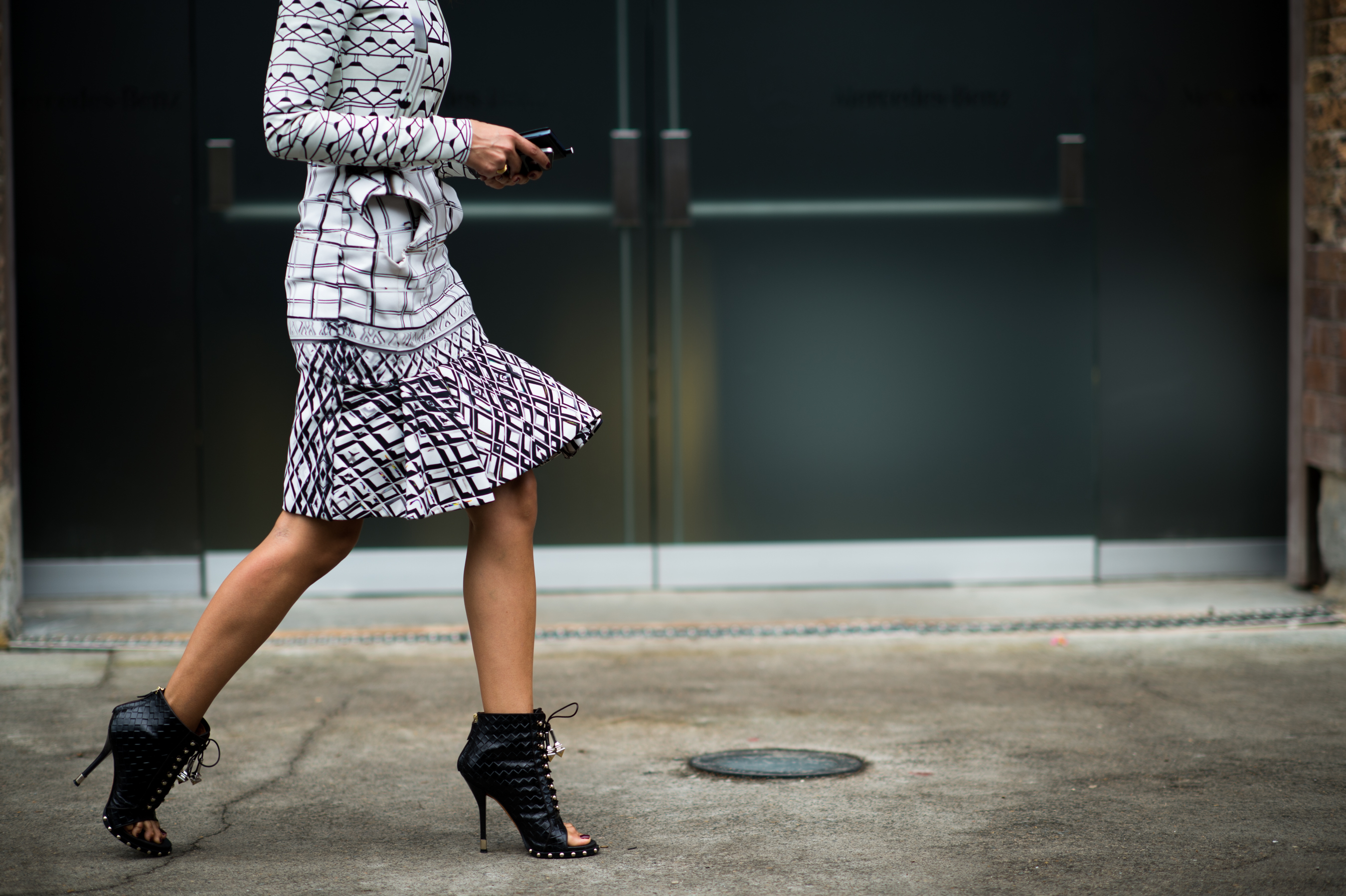 Australian woman matching print top and skirt