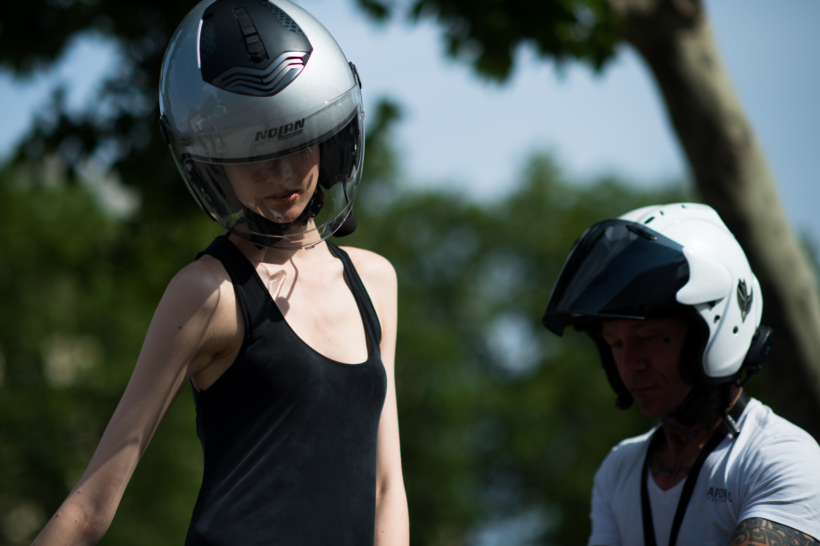 Russian model wearing motorcycle helmet