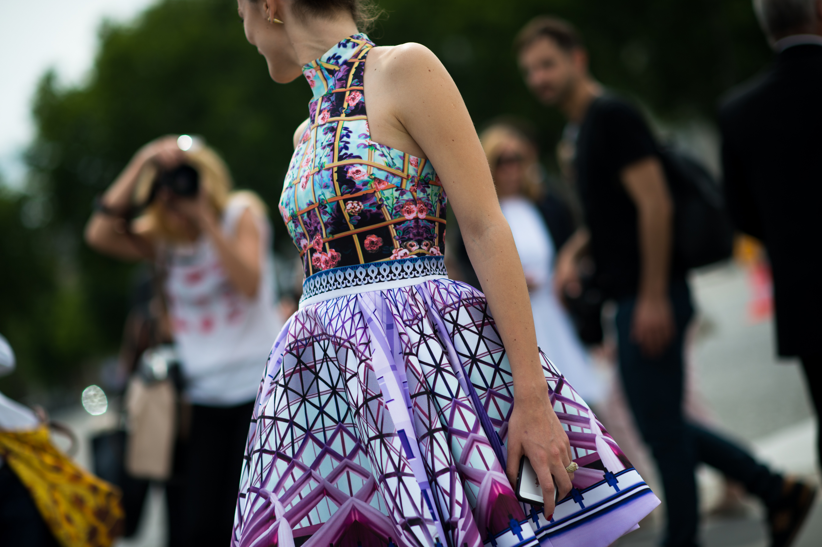 Woman wearing Mary Katrantzou dress
