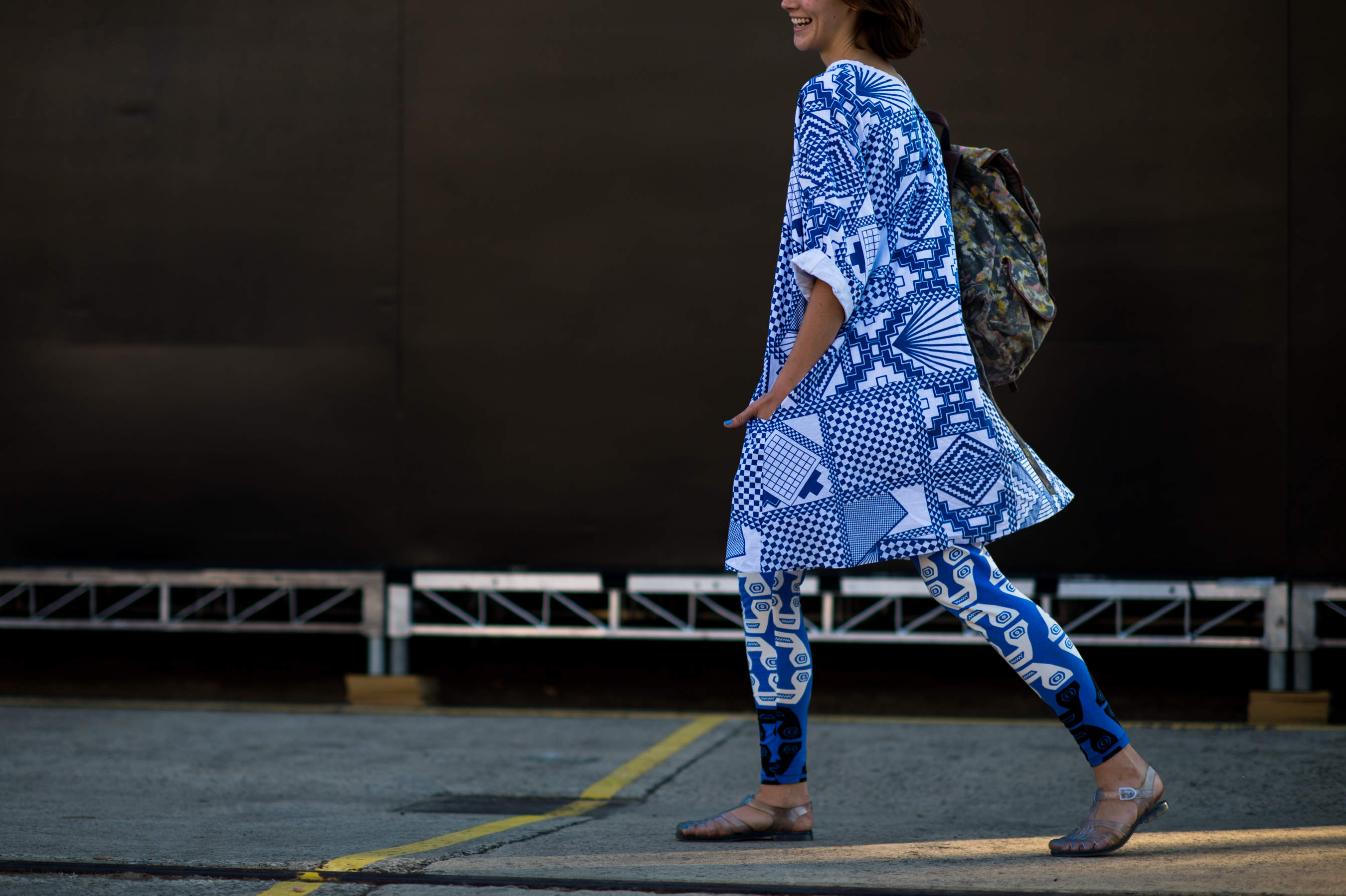 Model wearing blue and white print