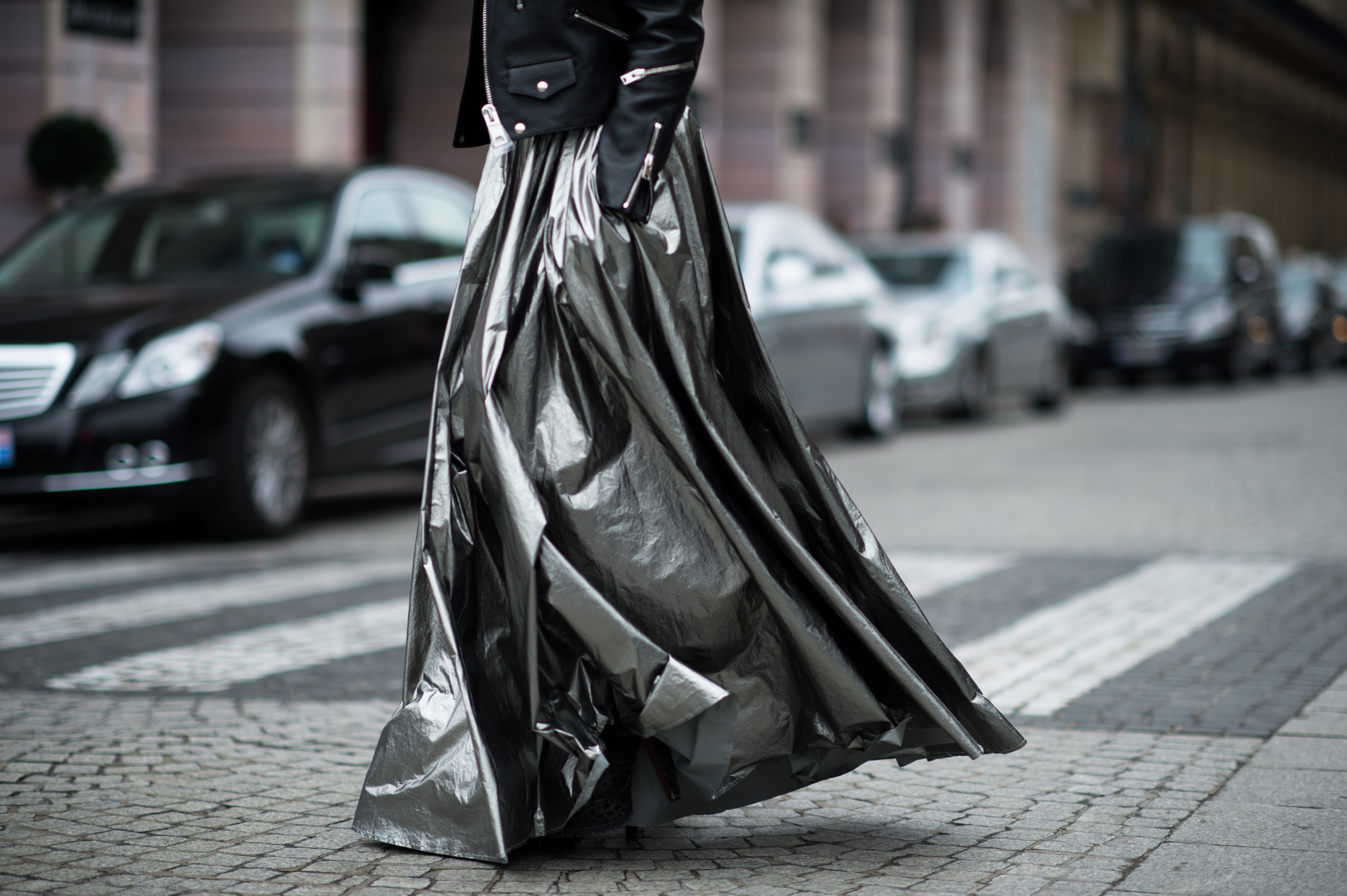 Woman wearing metallic Yang Li skirt