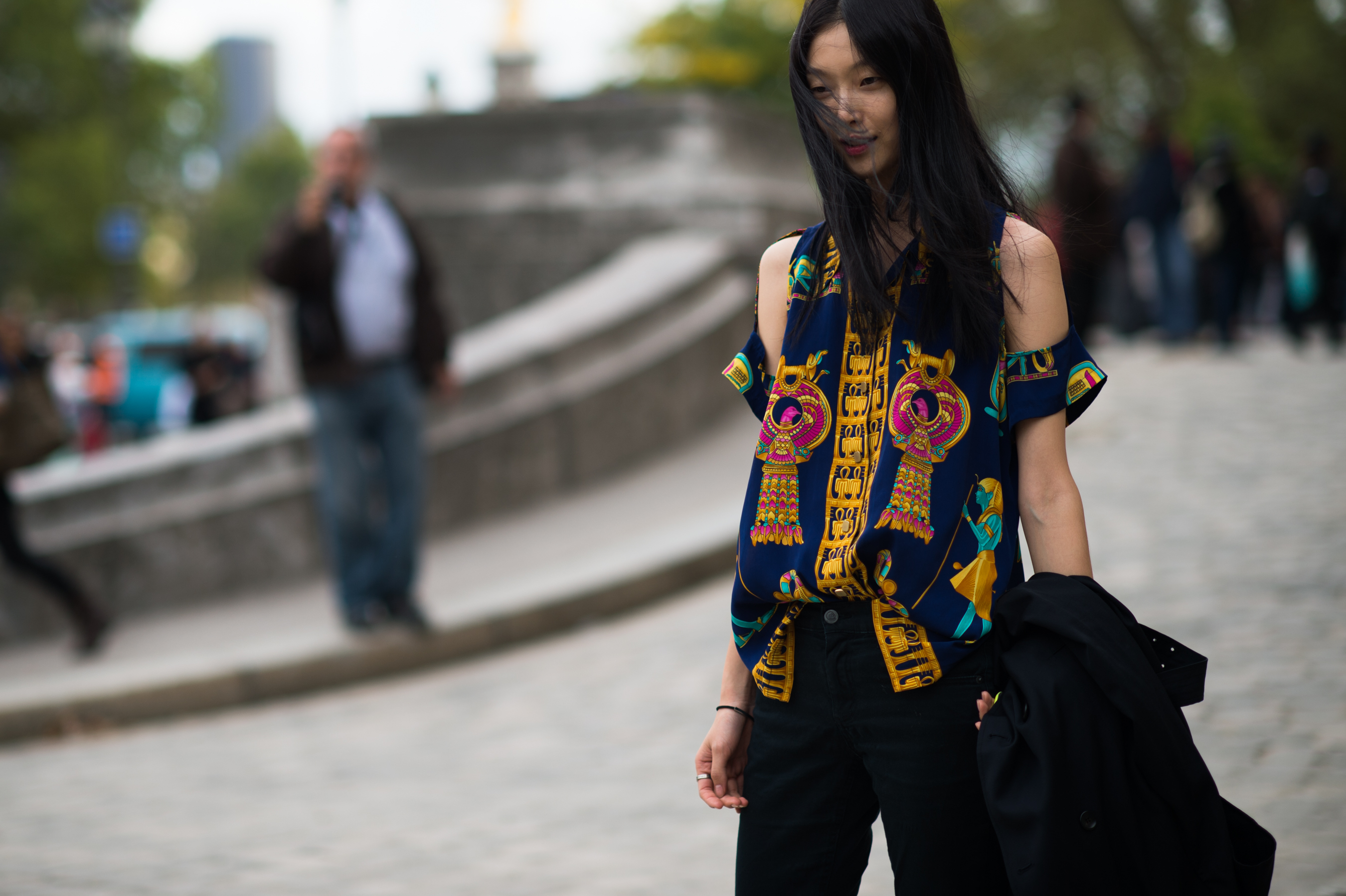South Korean model hair blowing in wind