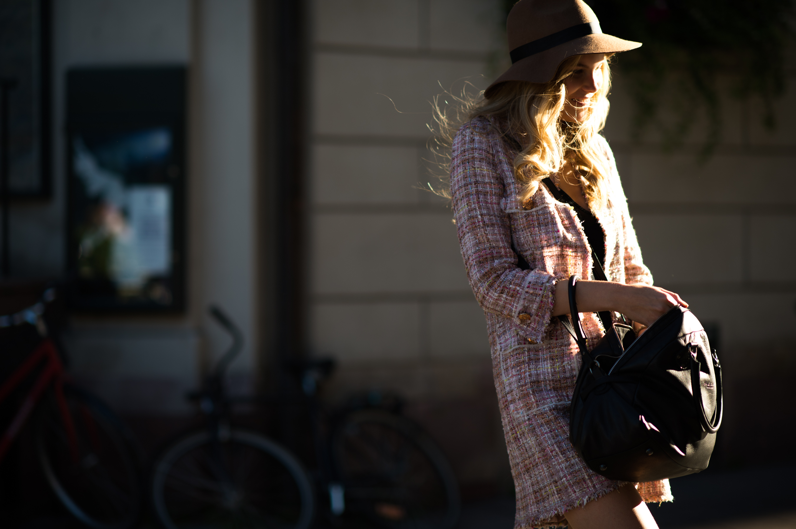 Finnish model wearing pink jacket and hat
