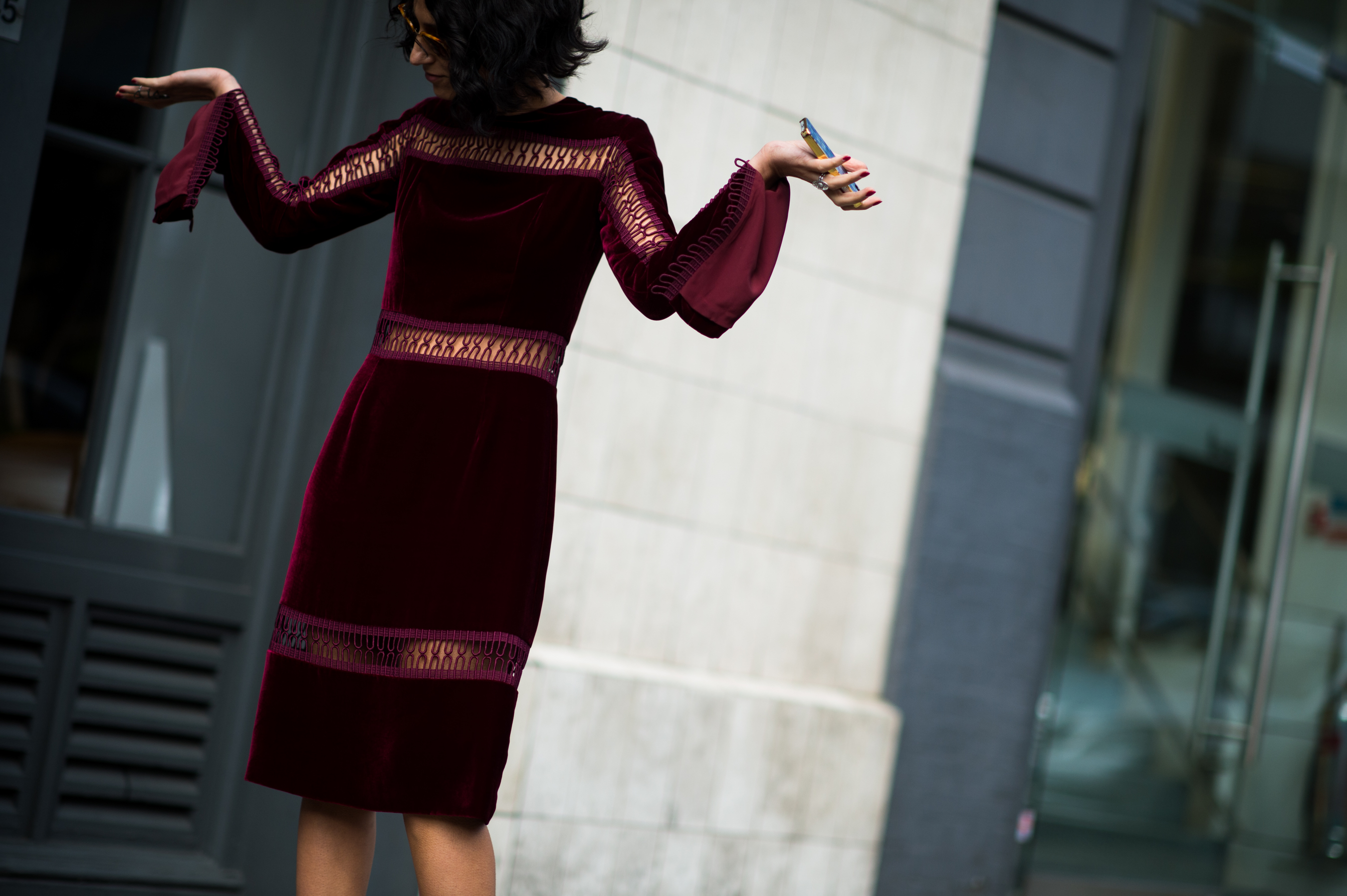 Woman wearing red velvet dress