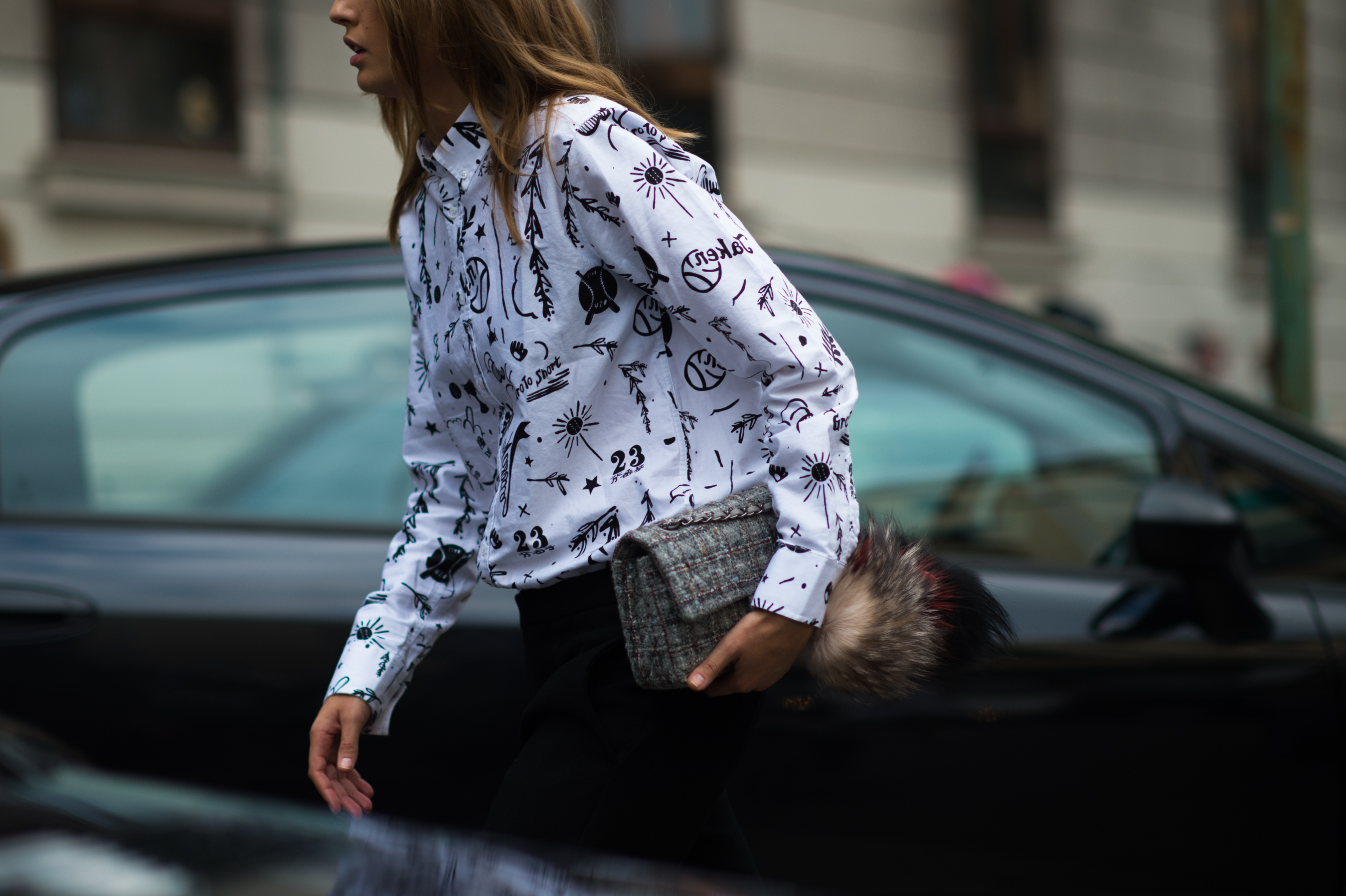Danish model wearing printed shirt