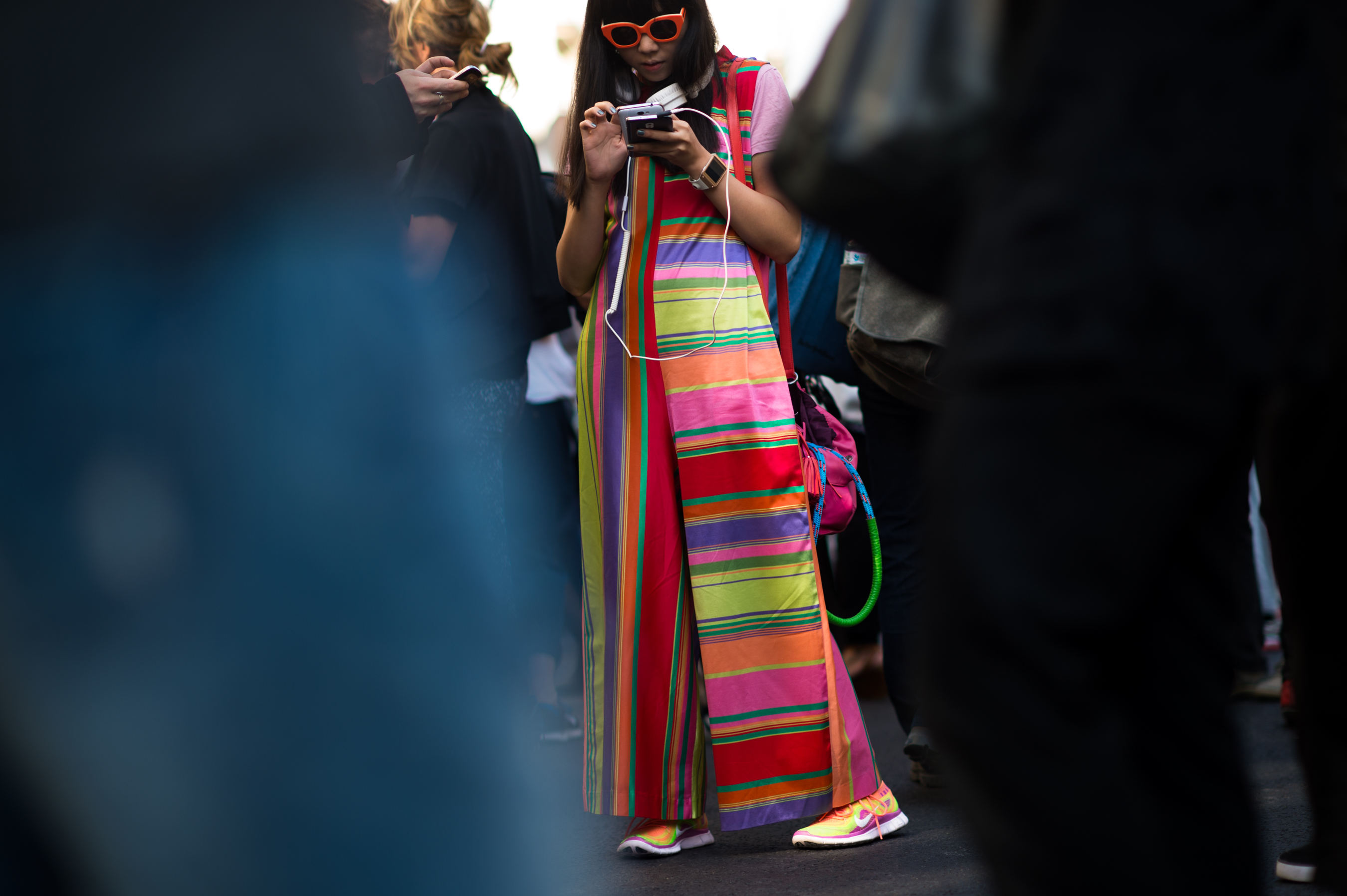 Asian woman wearing colour block dress