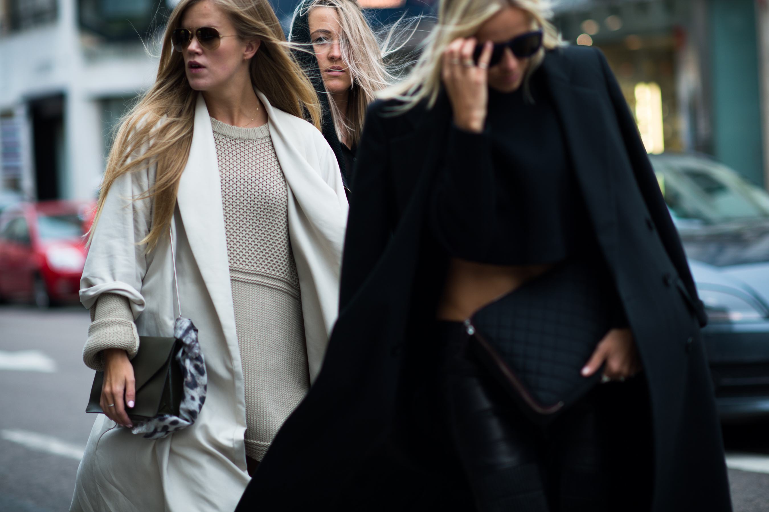 Three Norwegian women walking in the wind