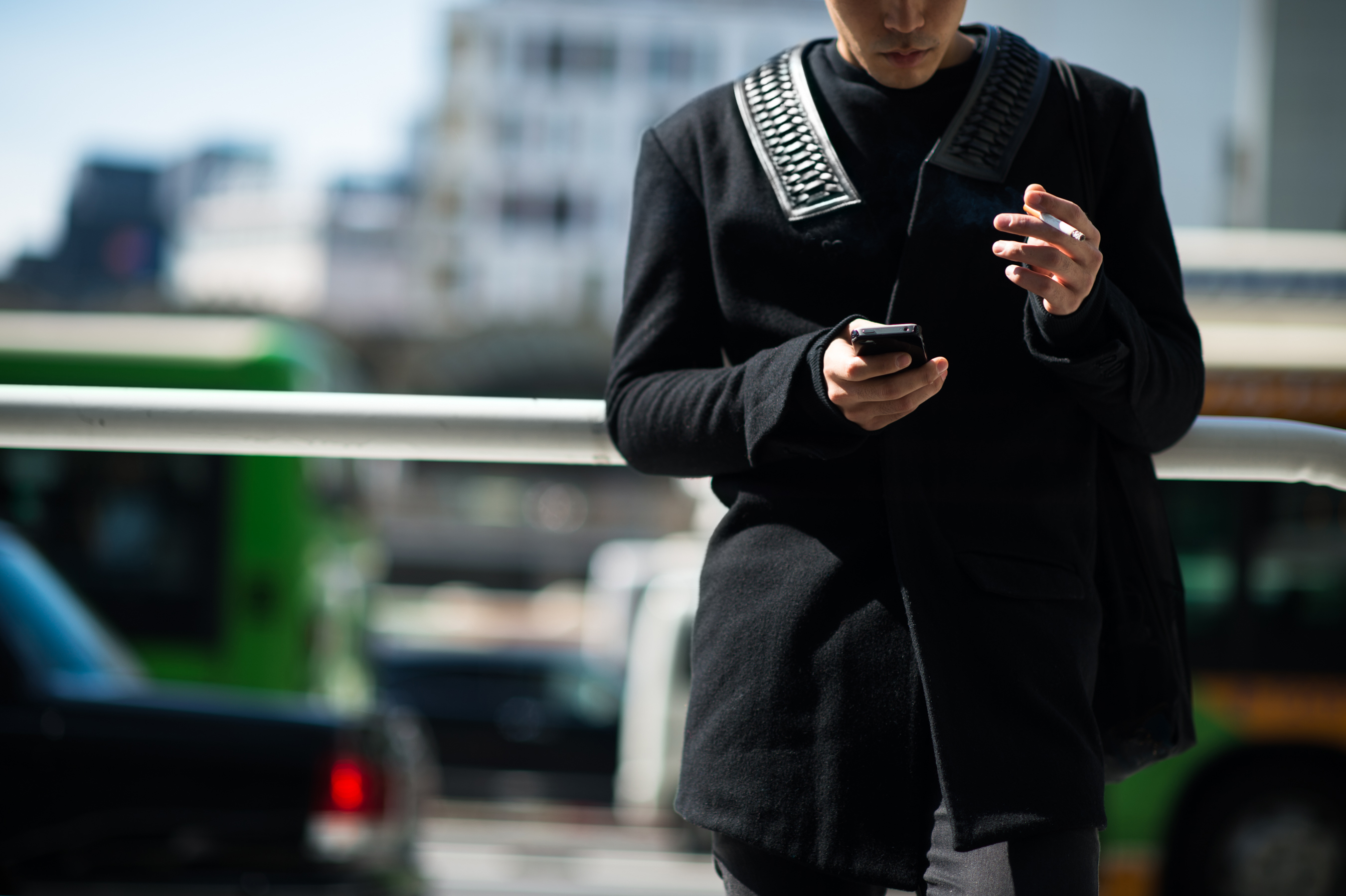Japanese man wearing black leather collar jacket