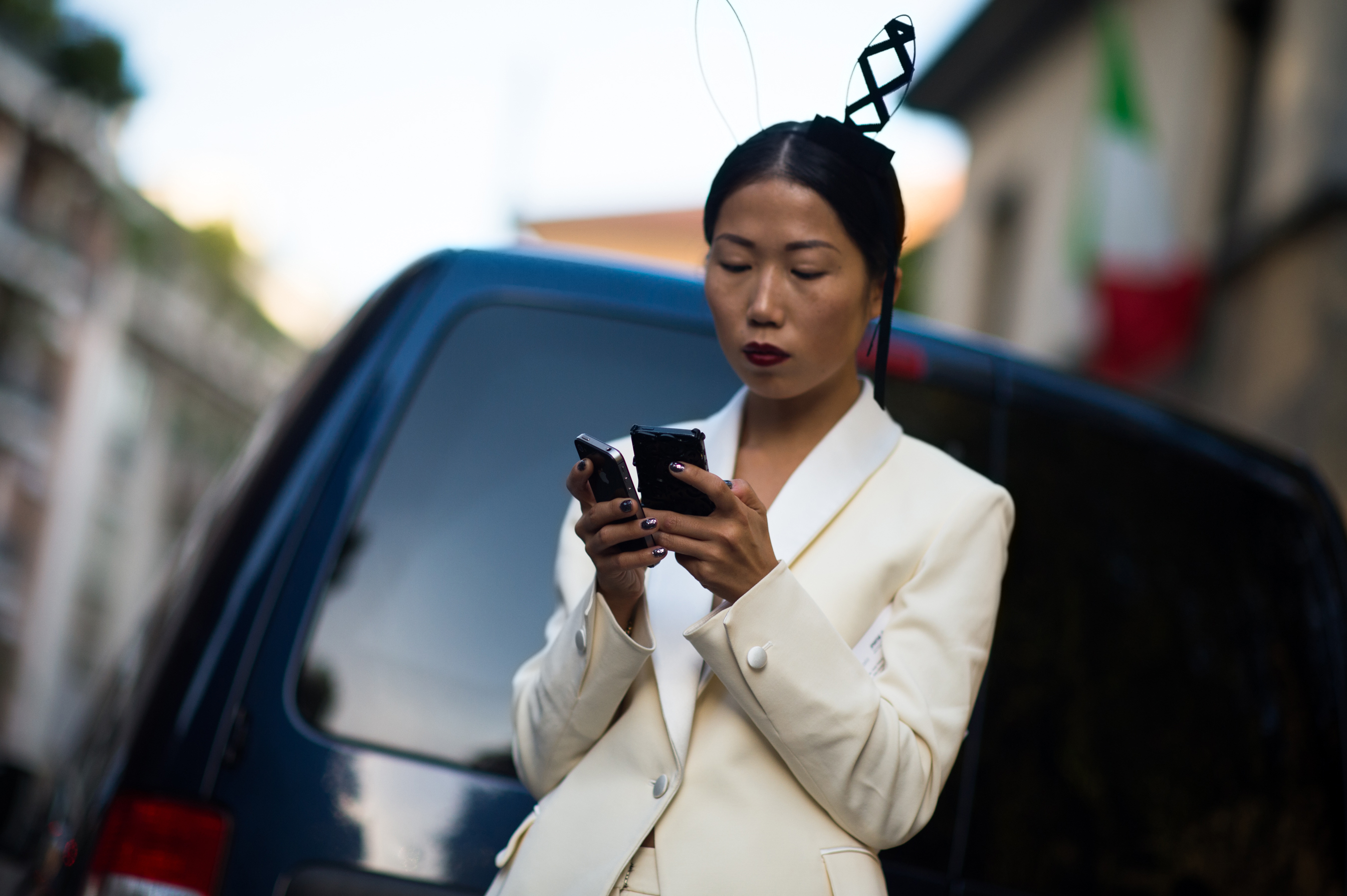 Russian asian woman wearing rabbit ears