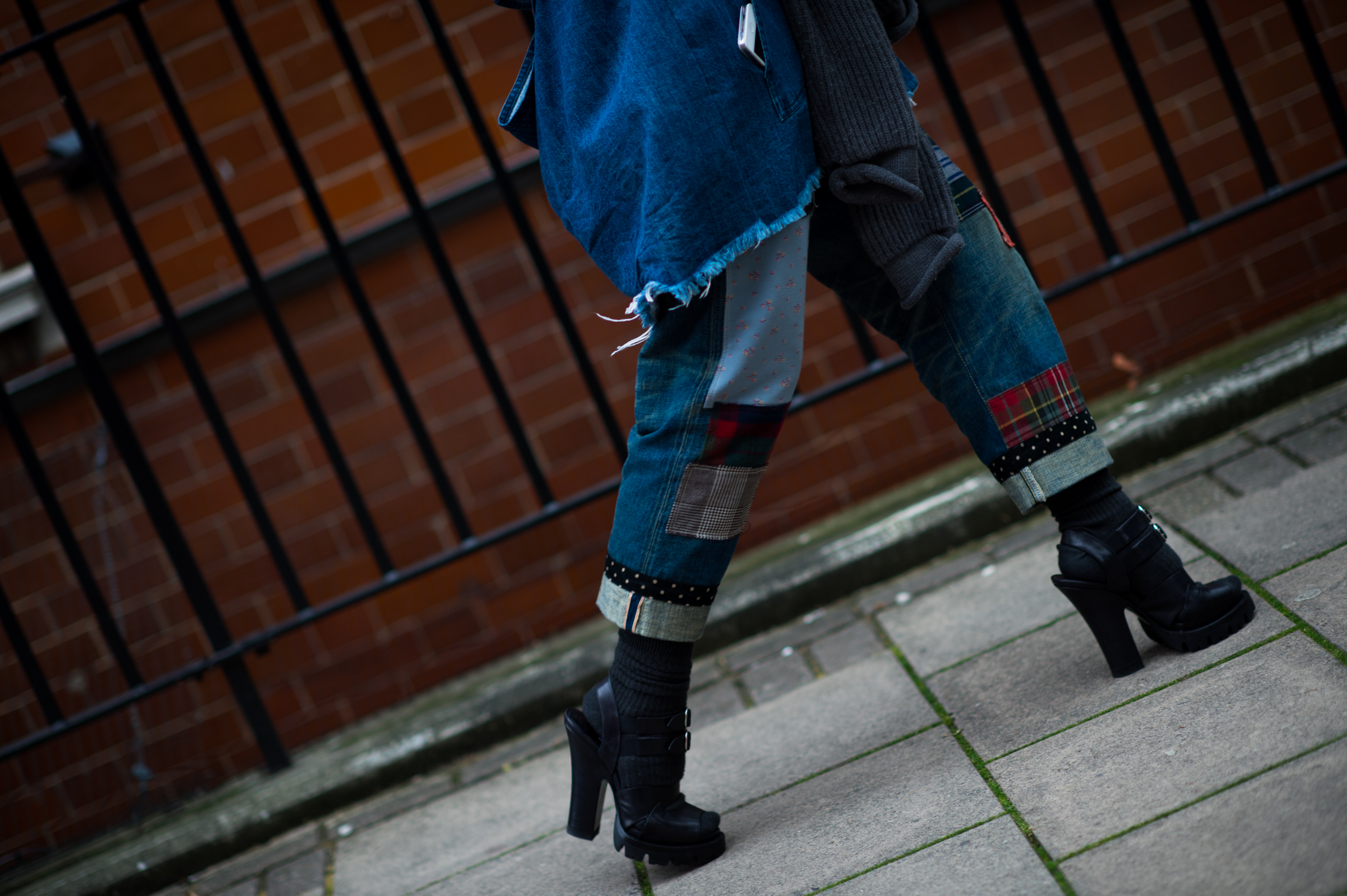 British woman wearing Junya Watanabe jeans