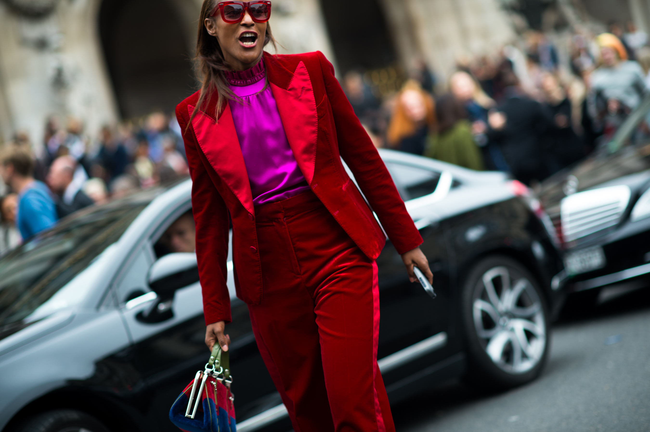 German woman wearing all red suit