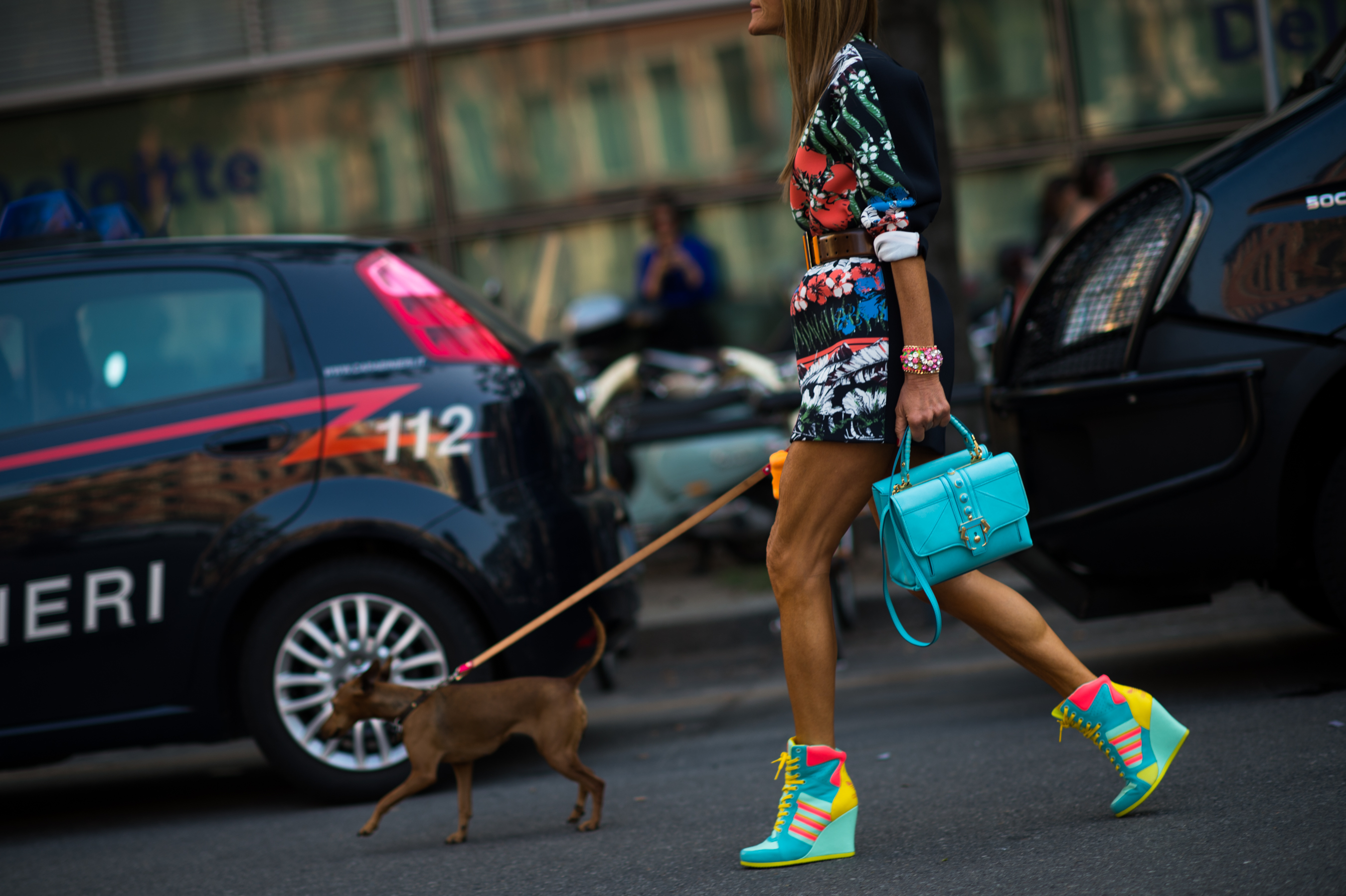 Editor walking dog in high heels