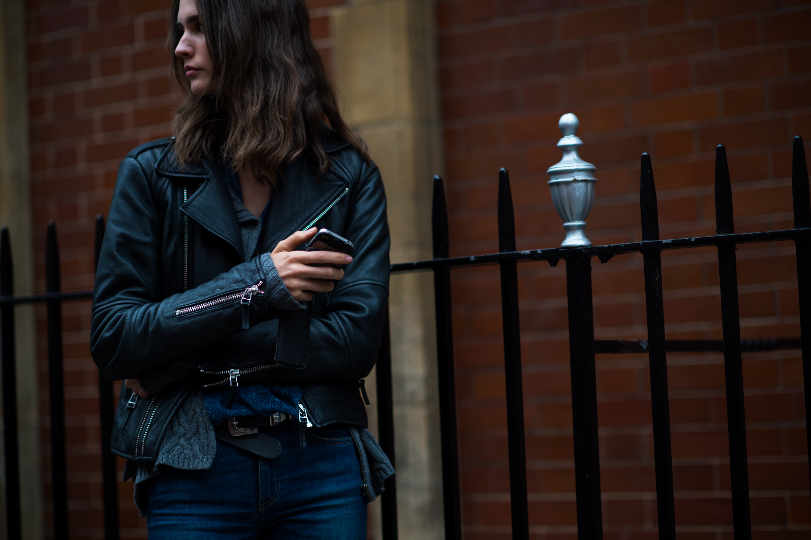 French model wearing black leather jacket