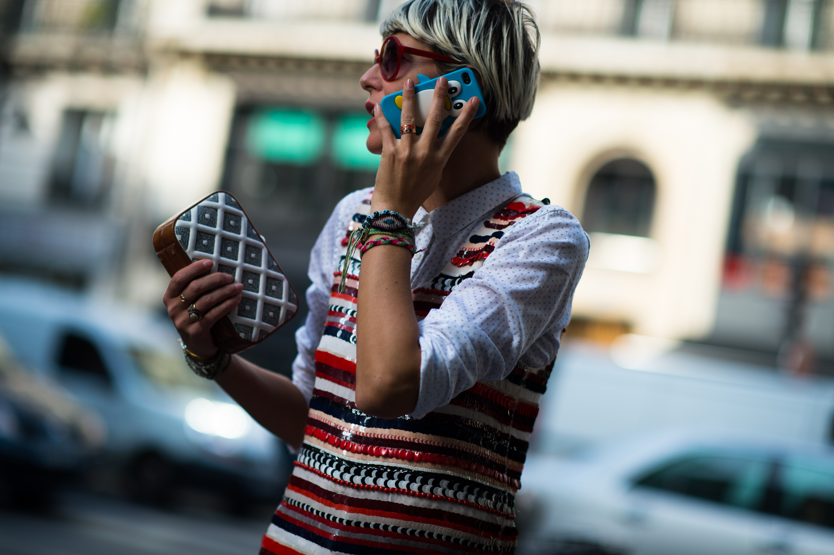 Woman wearing Sonia Rykiel sequin top