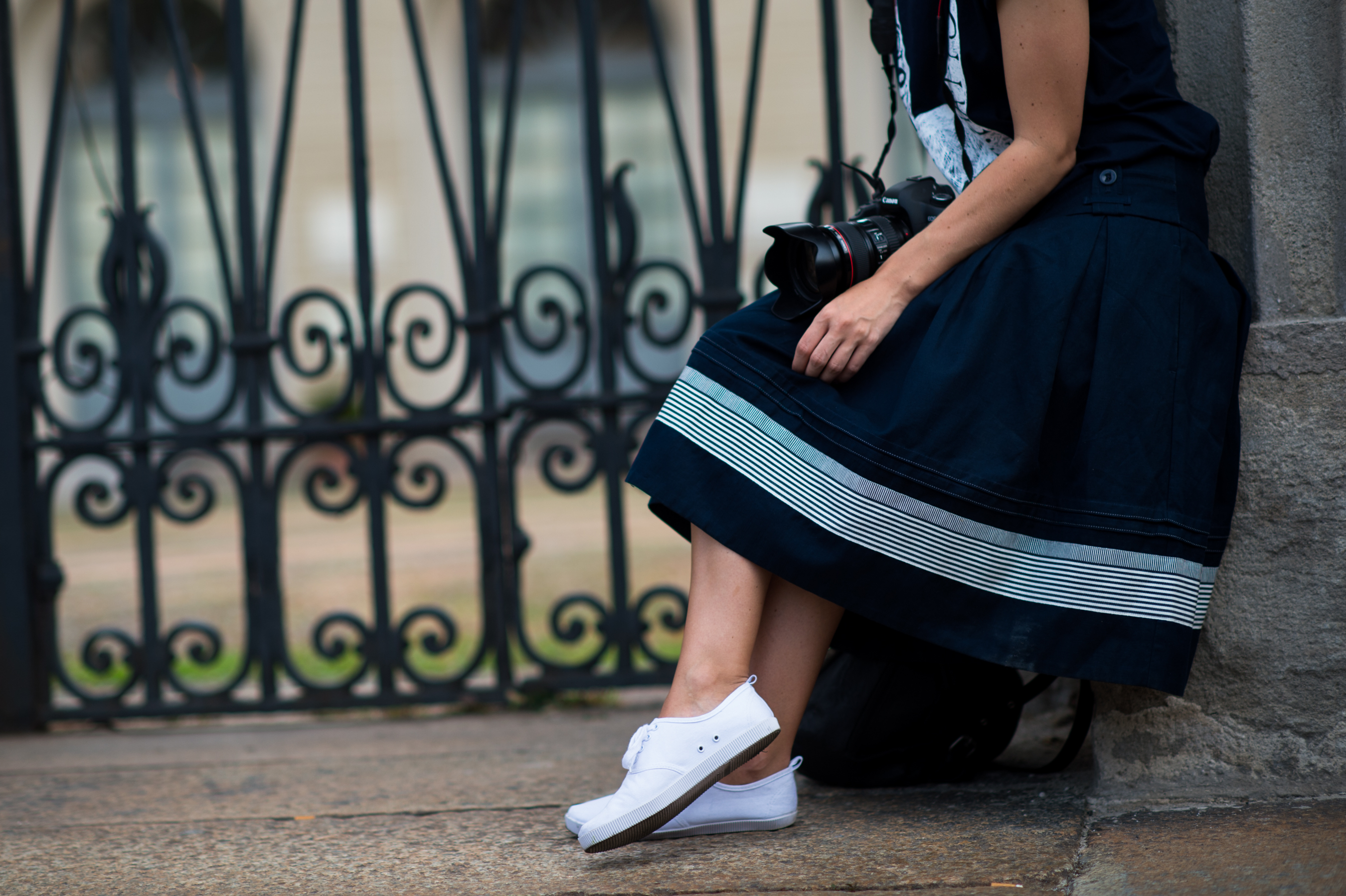 Girl wearing navy blue dress