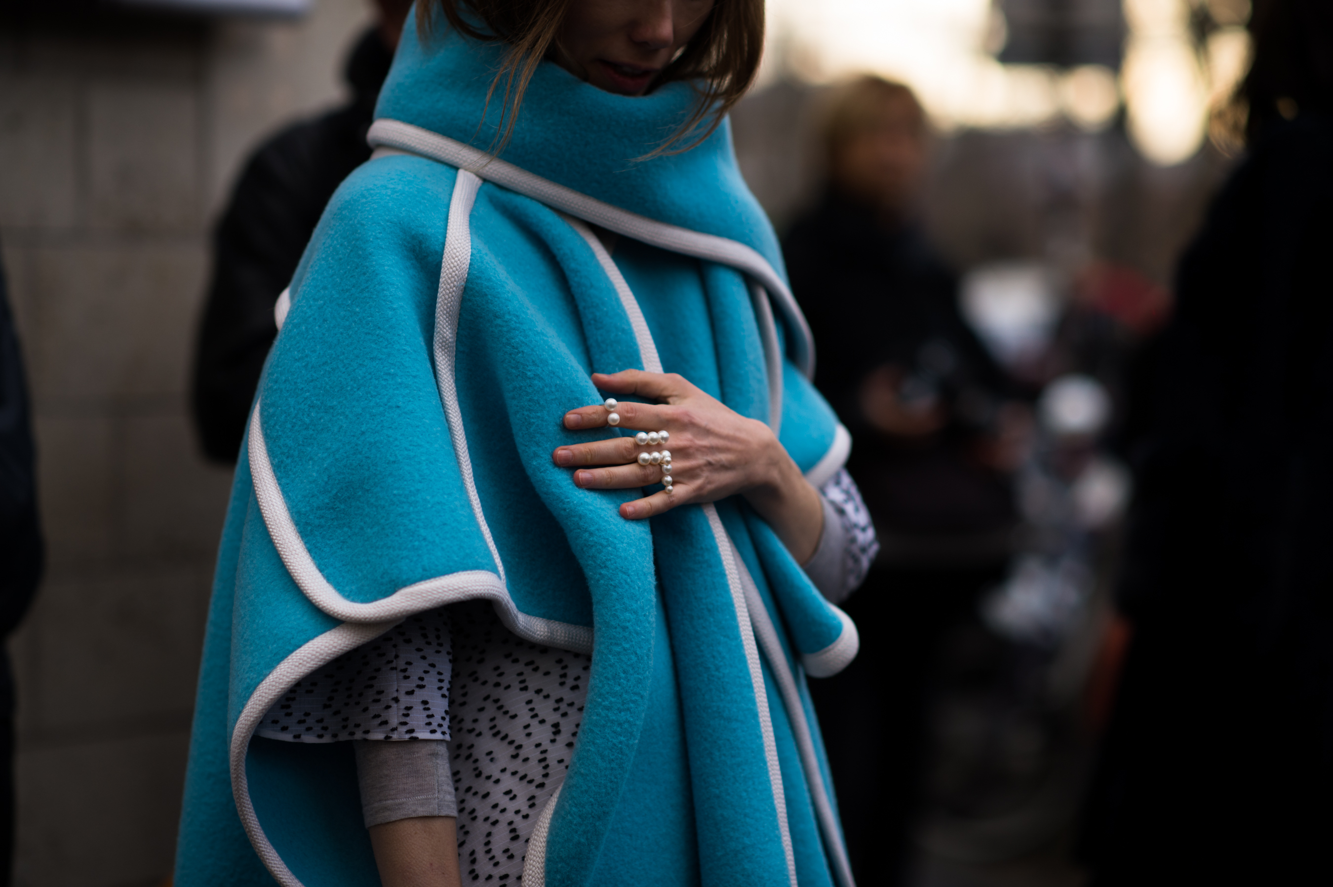 Russian woman wearing blue Chloé coat