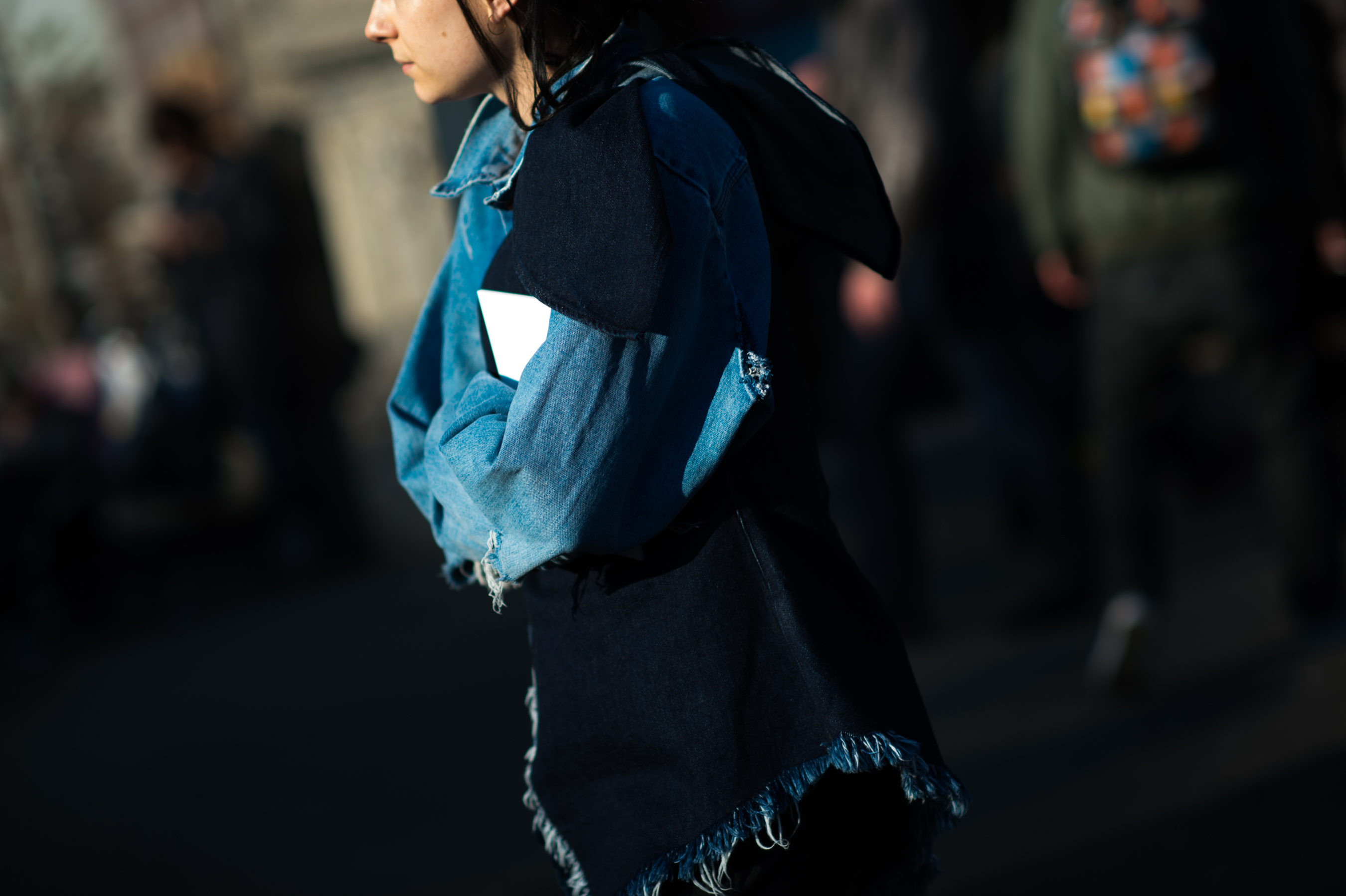 Woman wearing amazing patchwork denim shirt