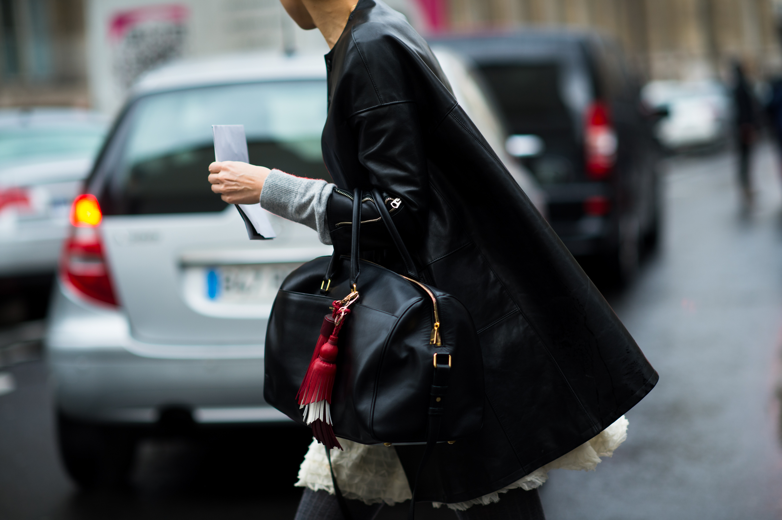 Woman wearing black leather jacket