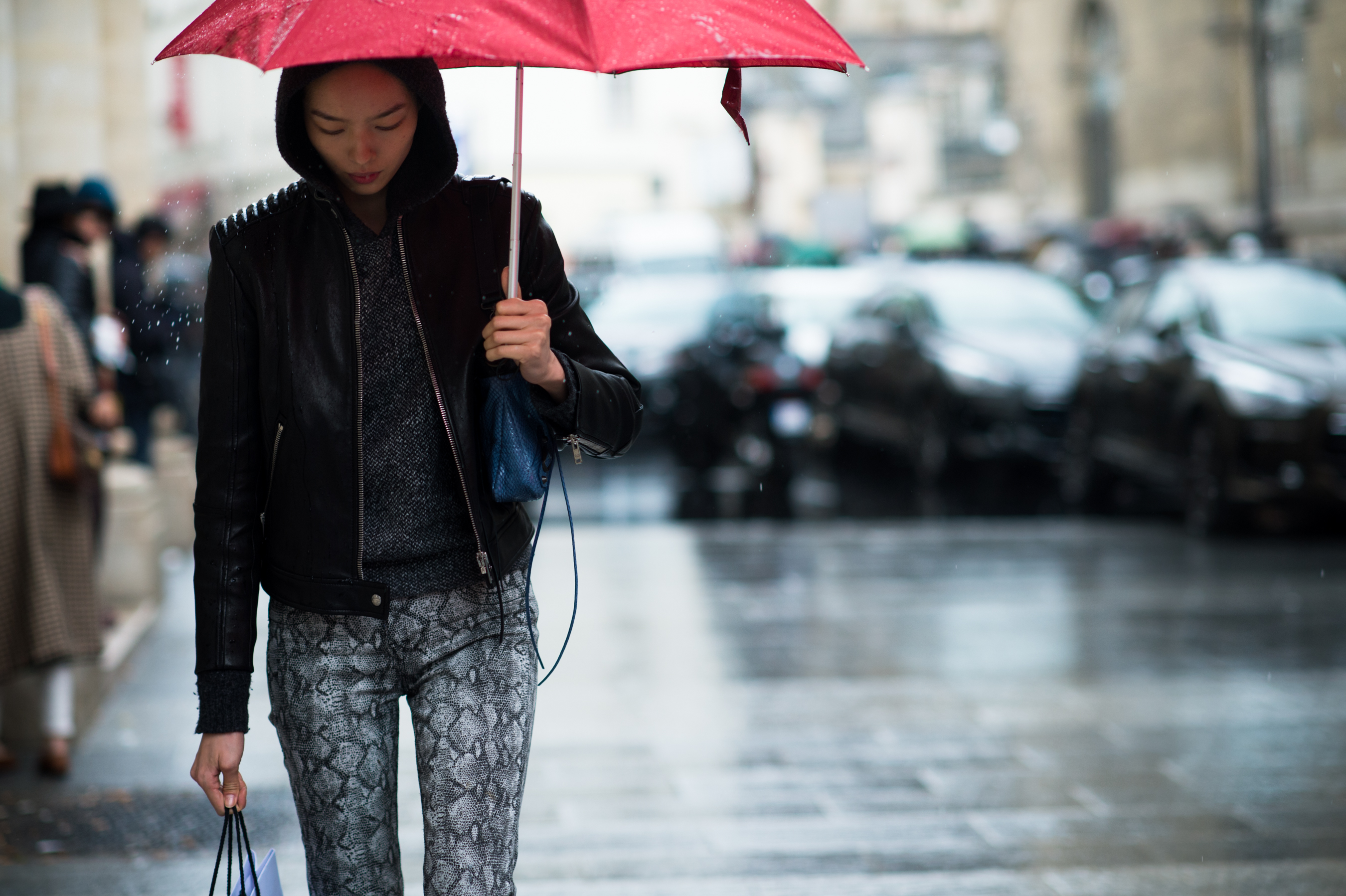 Chinese model with umbrella in the rain