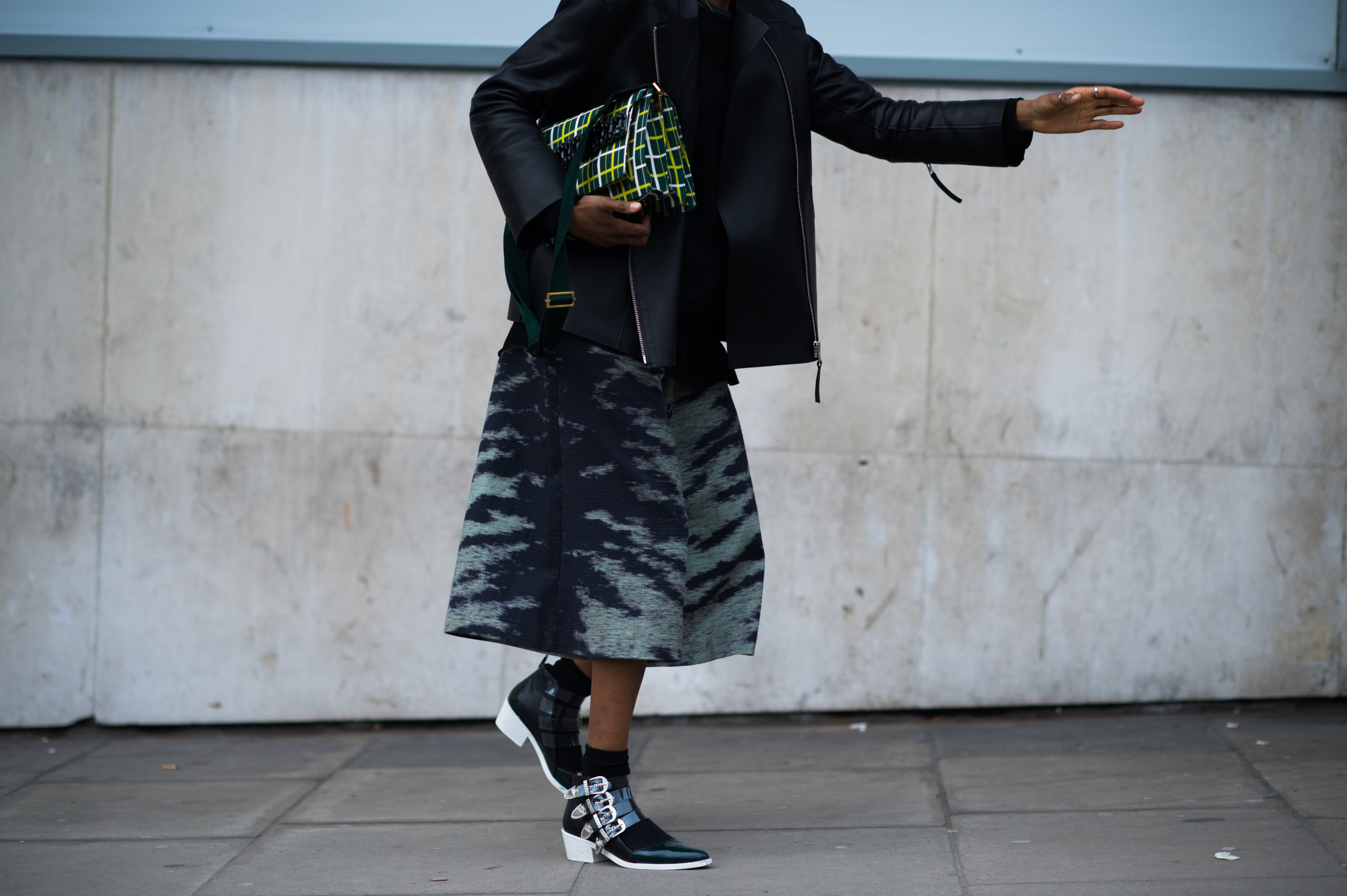 Woman wearing tiger print skirt