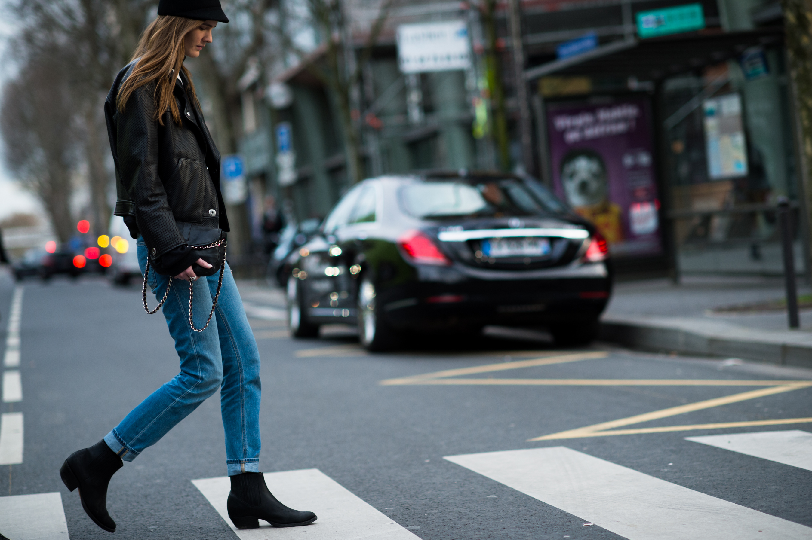 Danish model wearing black leather jacket