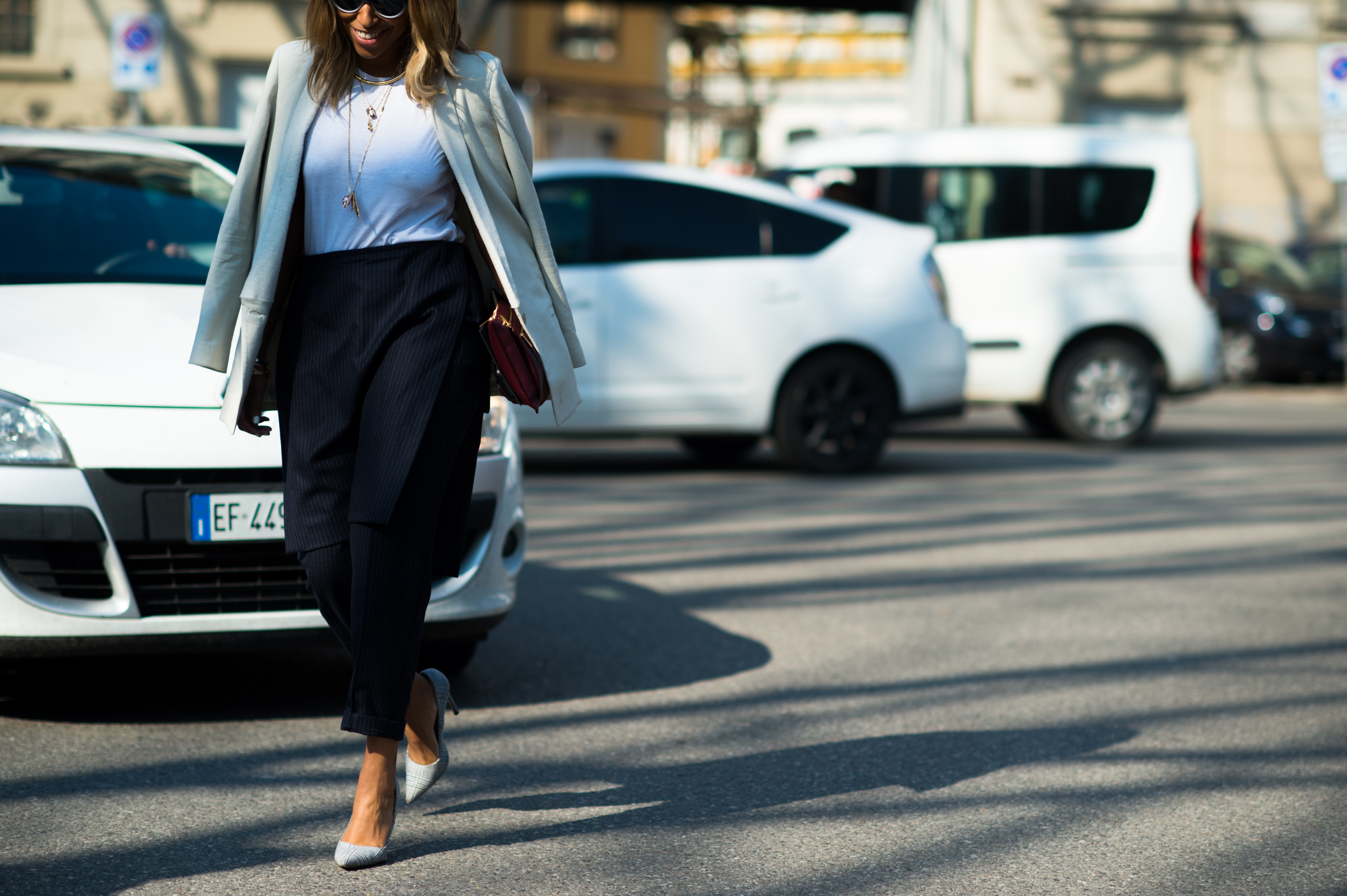 Woman wearing pin stripe pants