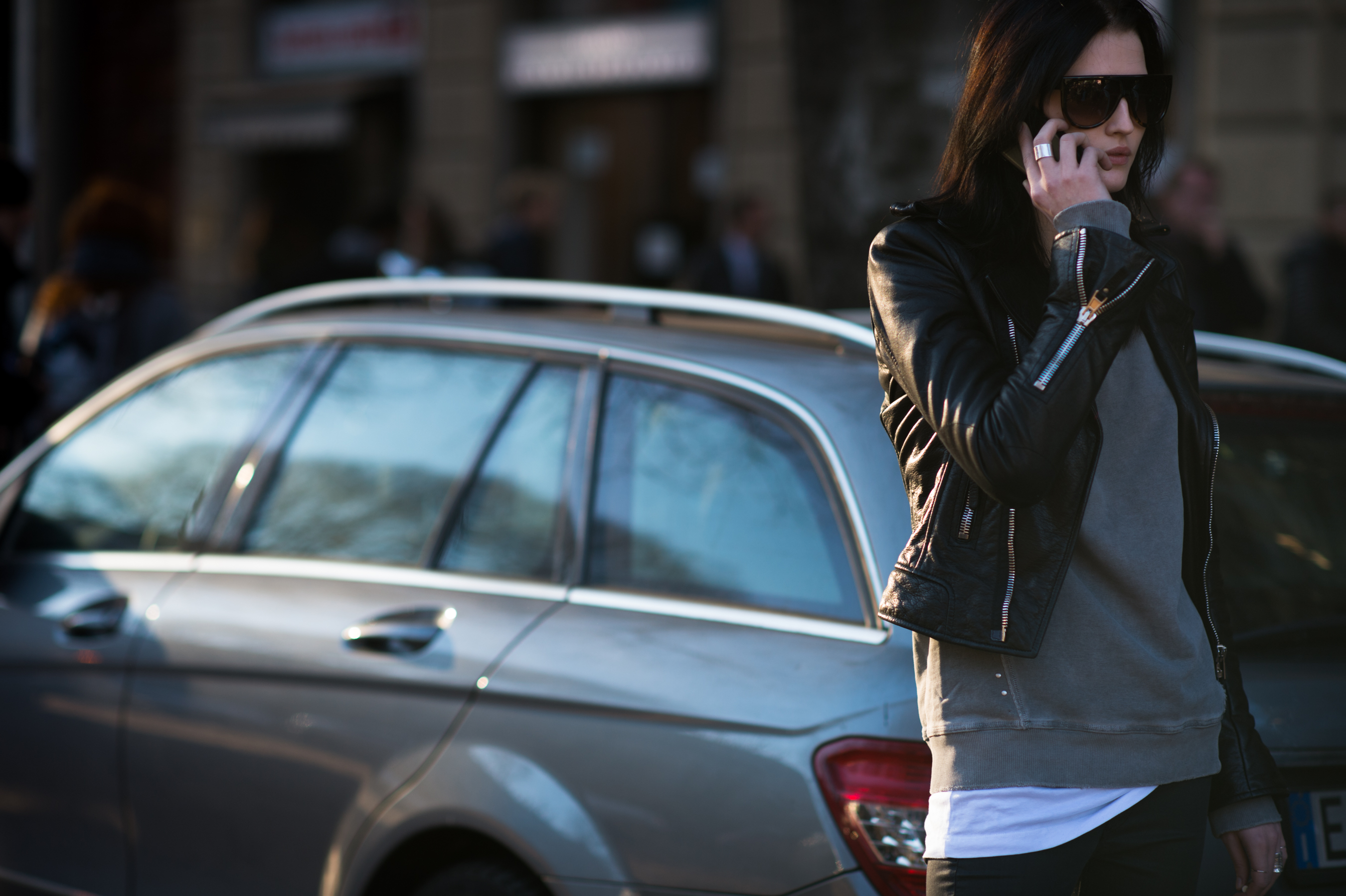 Latvian model wearing black leather jacket