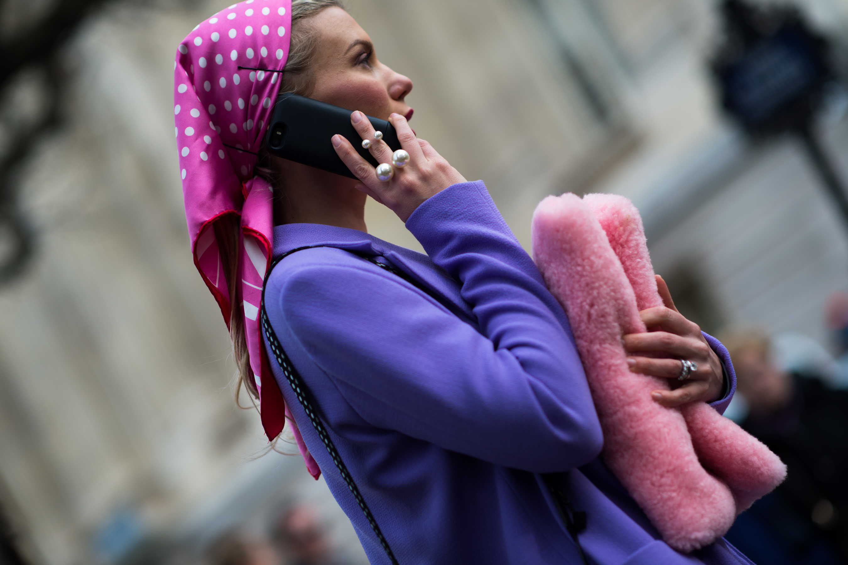 Russian woman wearing purple and pink