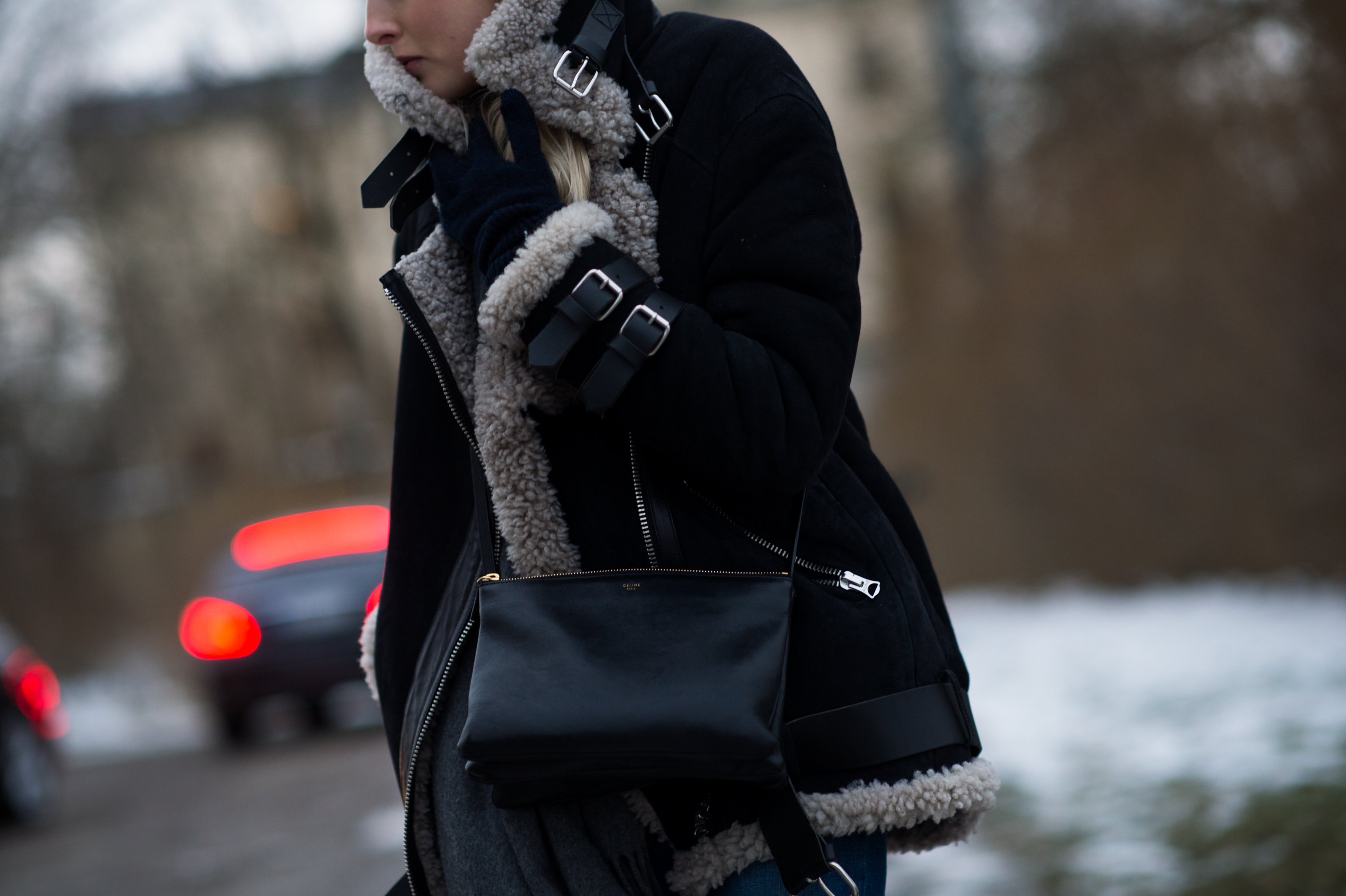 Girl wearing Acne Studios shearling bomber