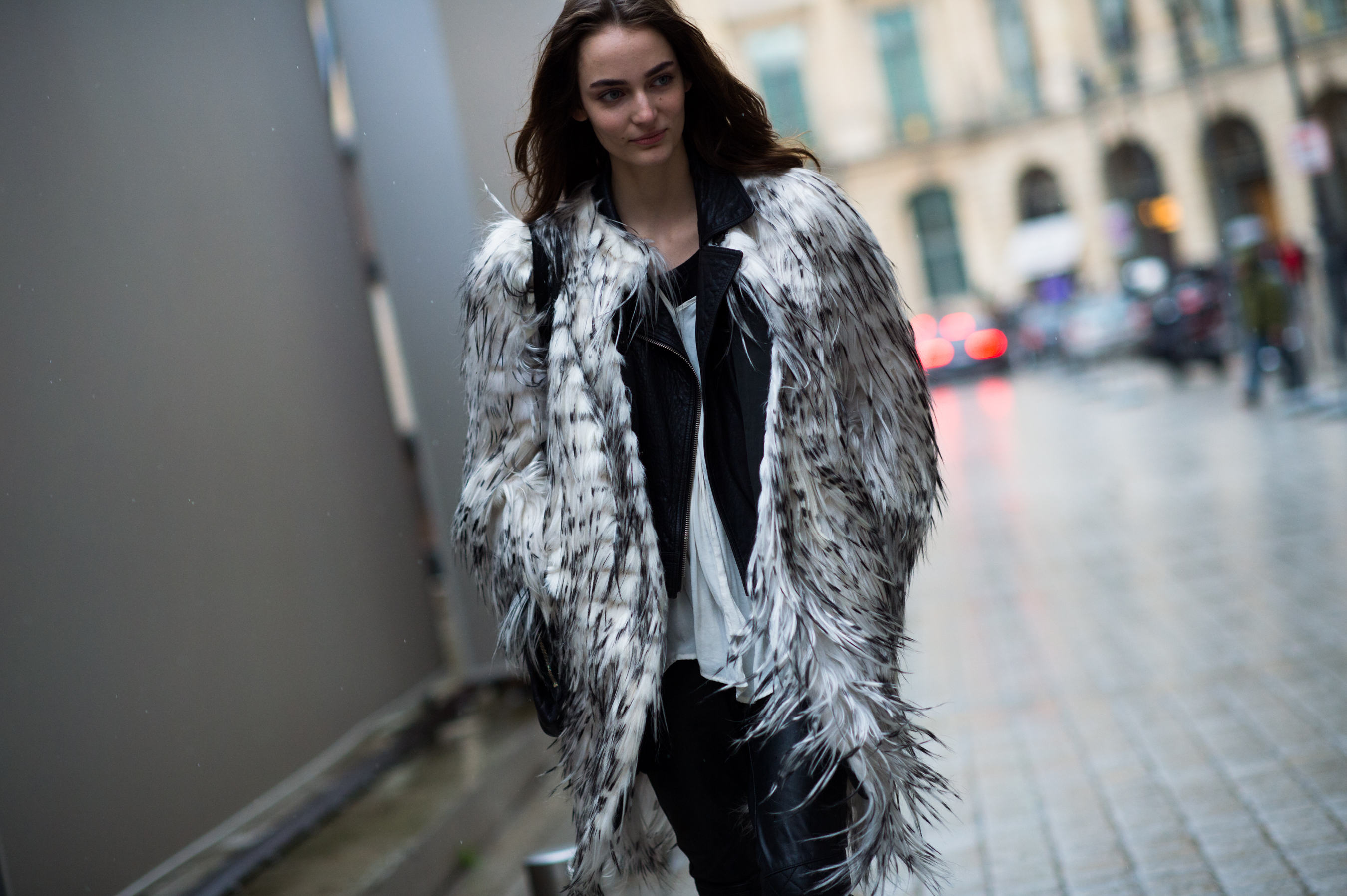 Polish model wearing white fur coat