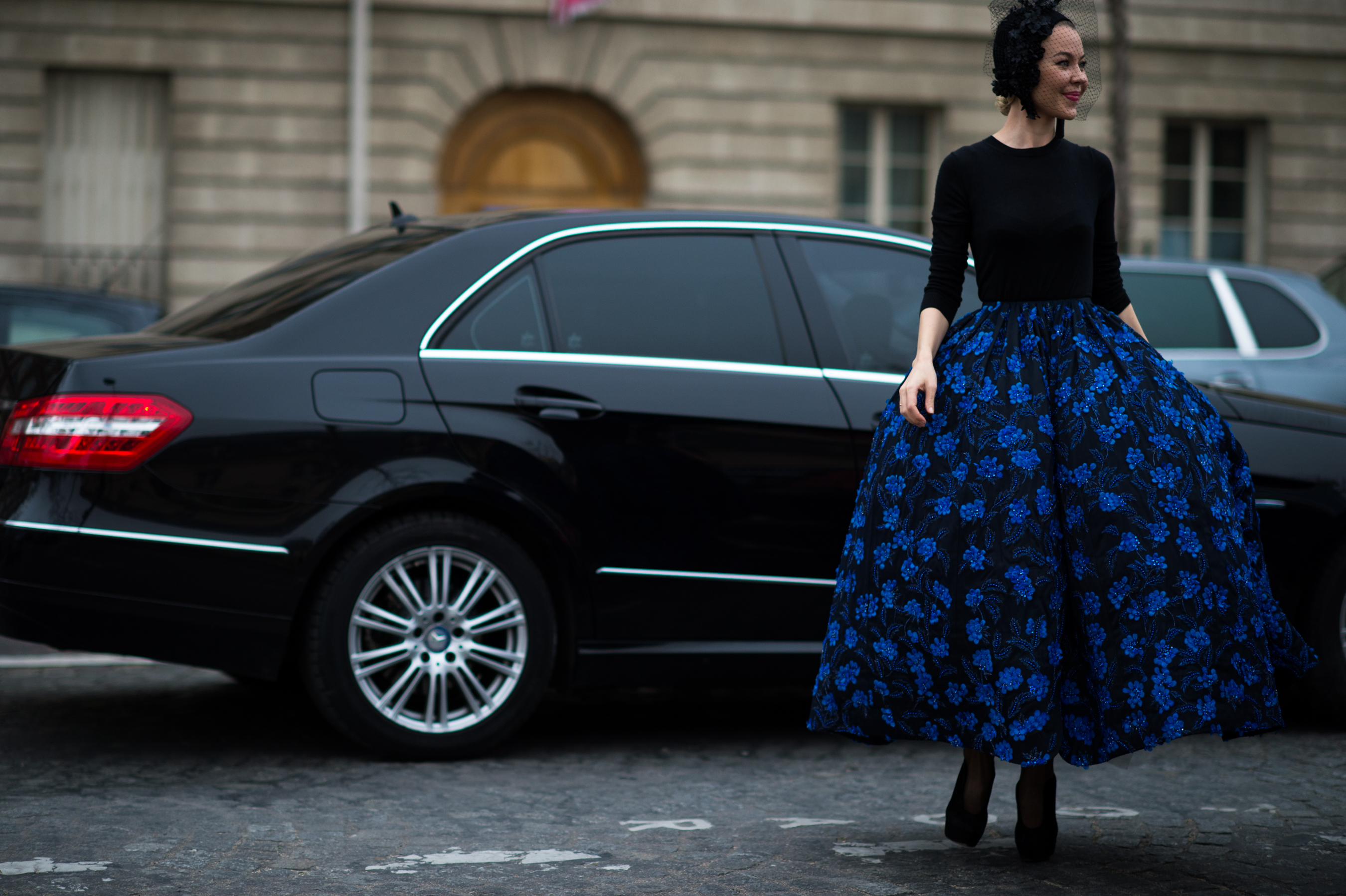 Russian woman in a blue floral skirt