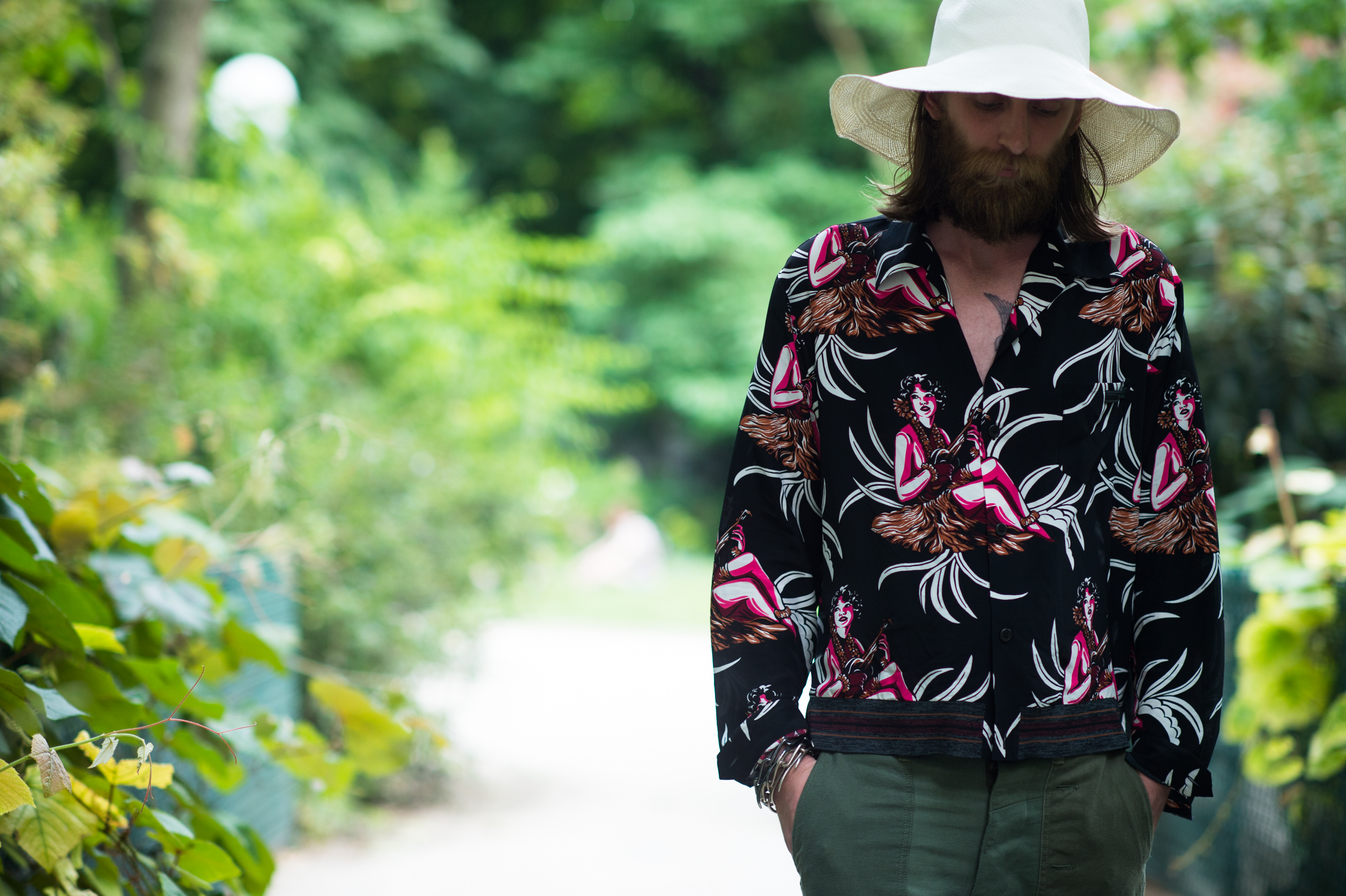 British man wearing a Prada Hawaiian shirt