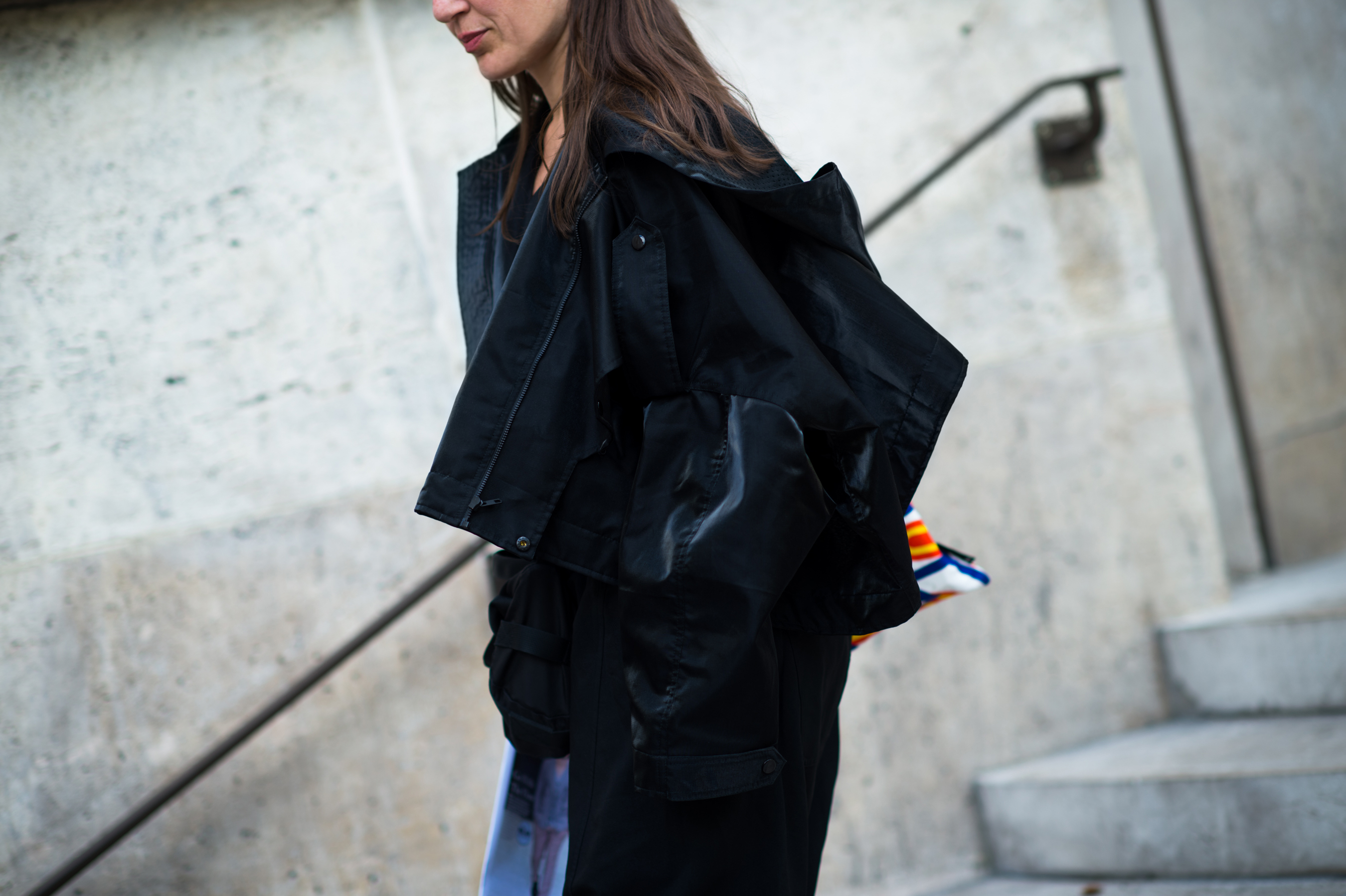 Woman wearing black oversized jacket