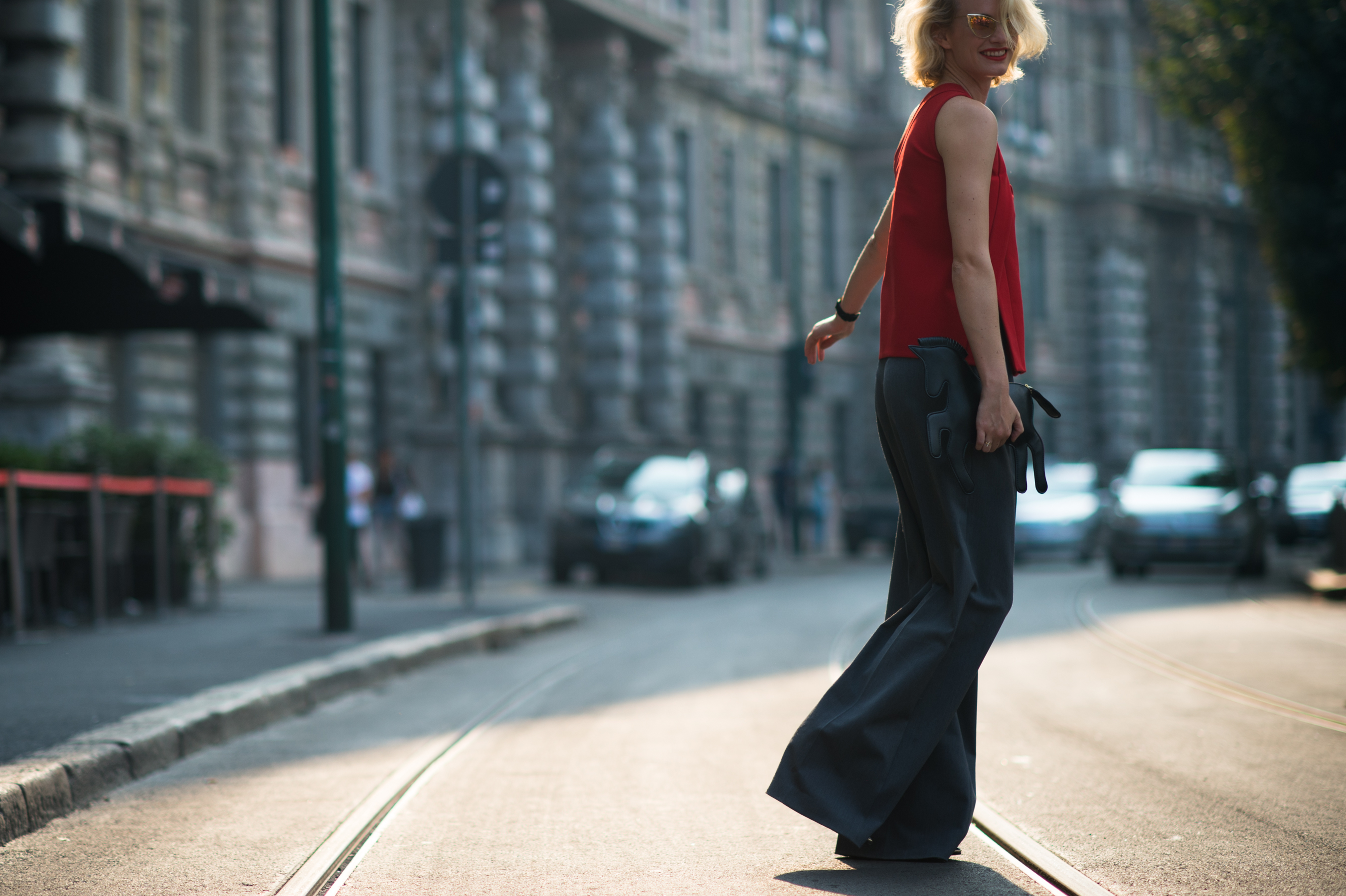 Australian blogger wearing grey and red