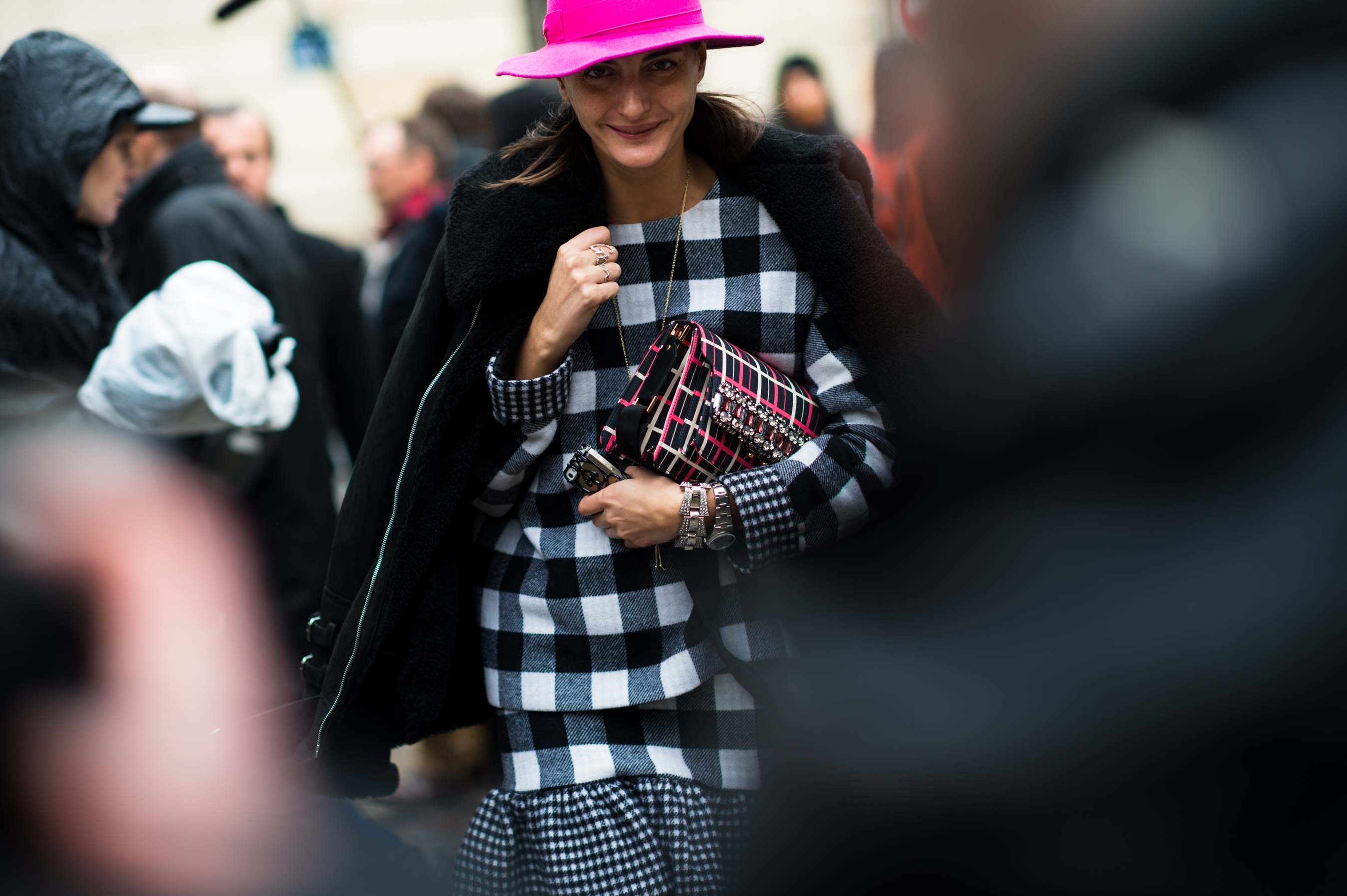 W Magazine editor wearing a pink hat