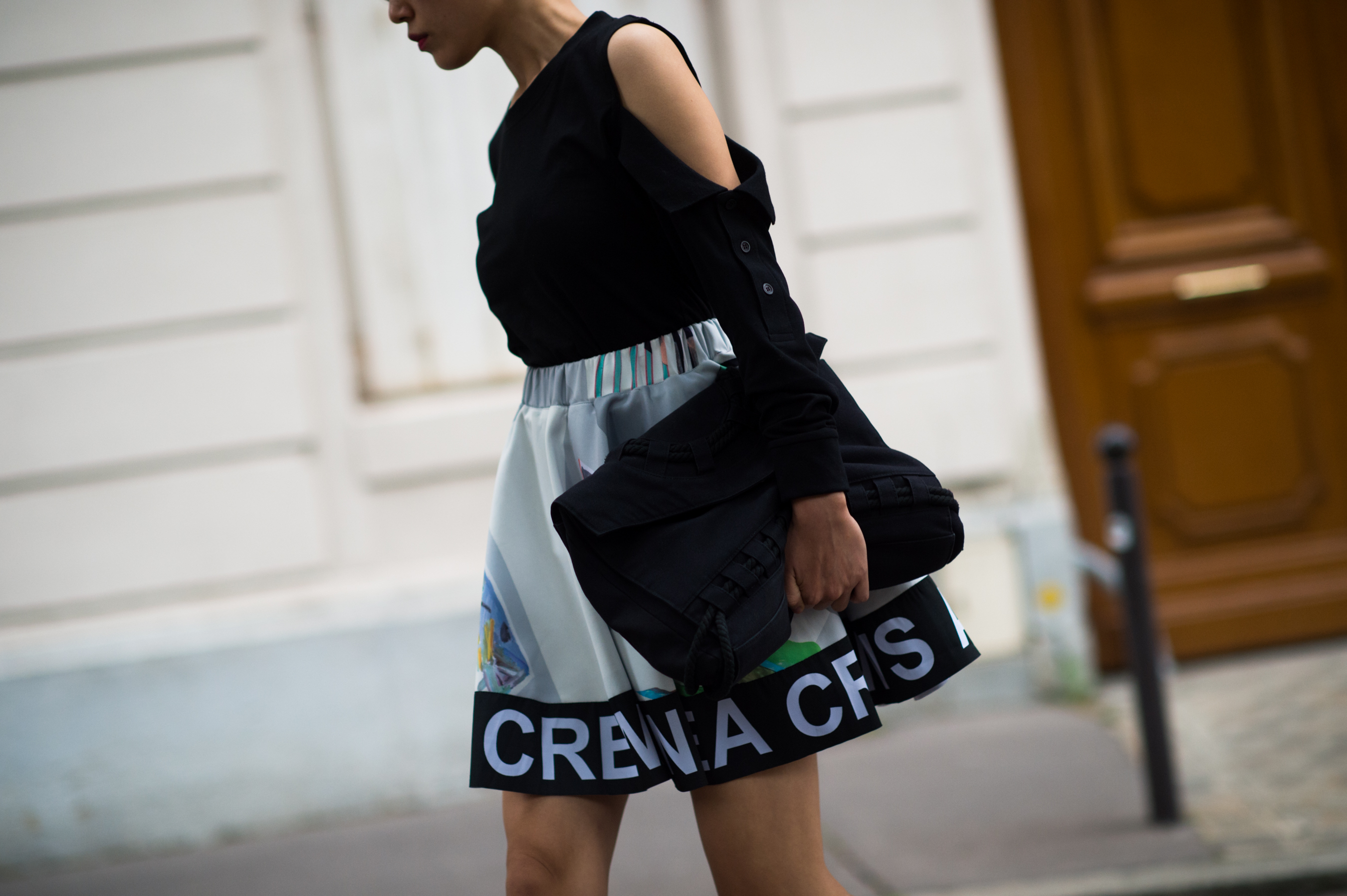 Woman wearing an Andrea Crews skirt