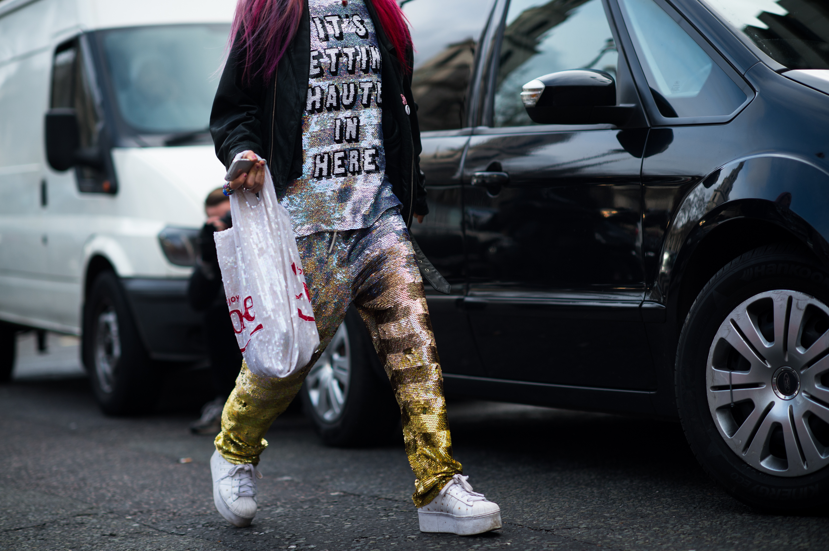 British woman wearing Ashish sequined outfit