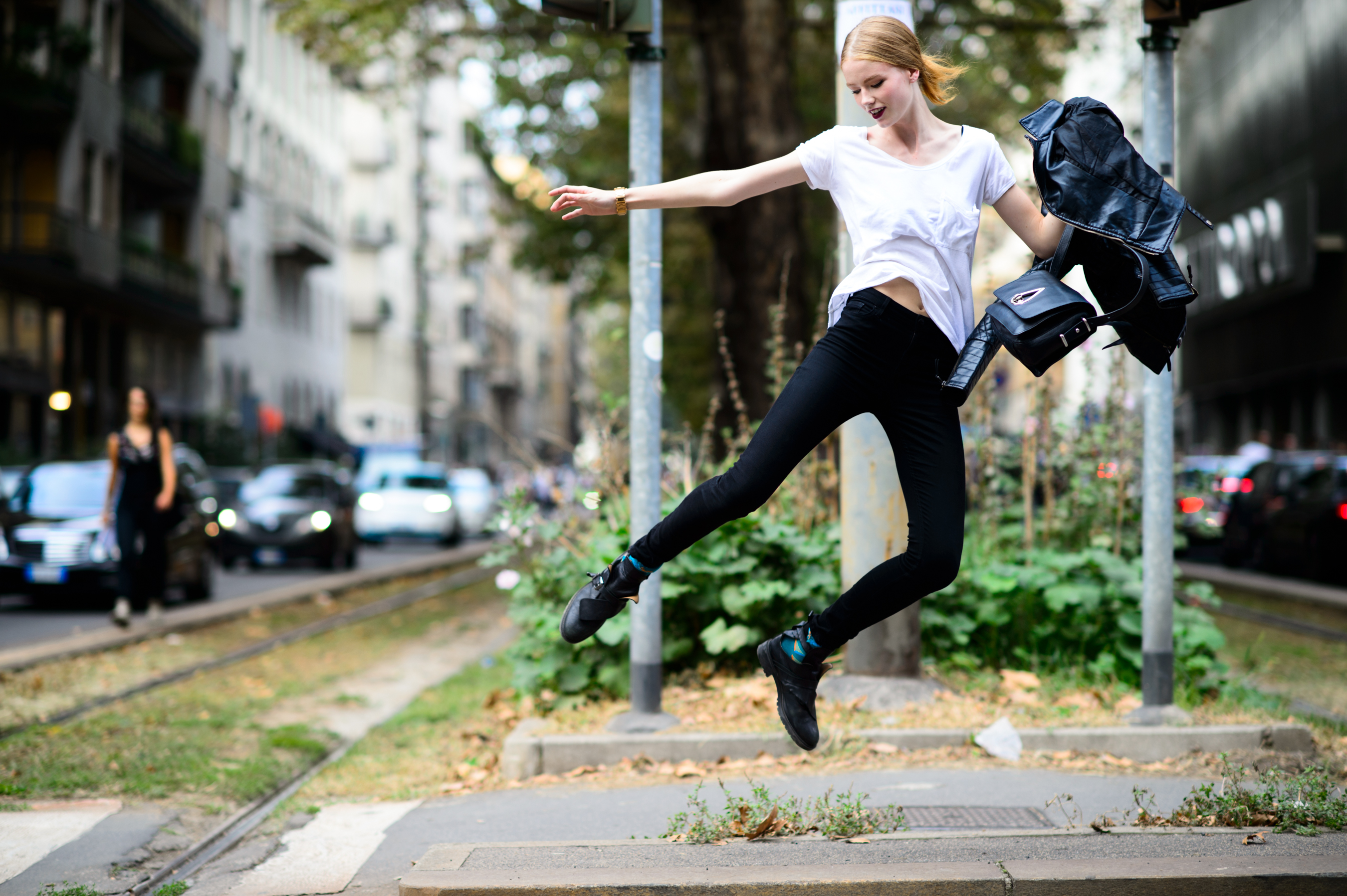 British model jumping after Dolce & Gabbana
