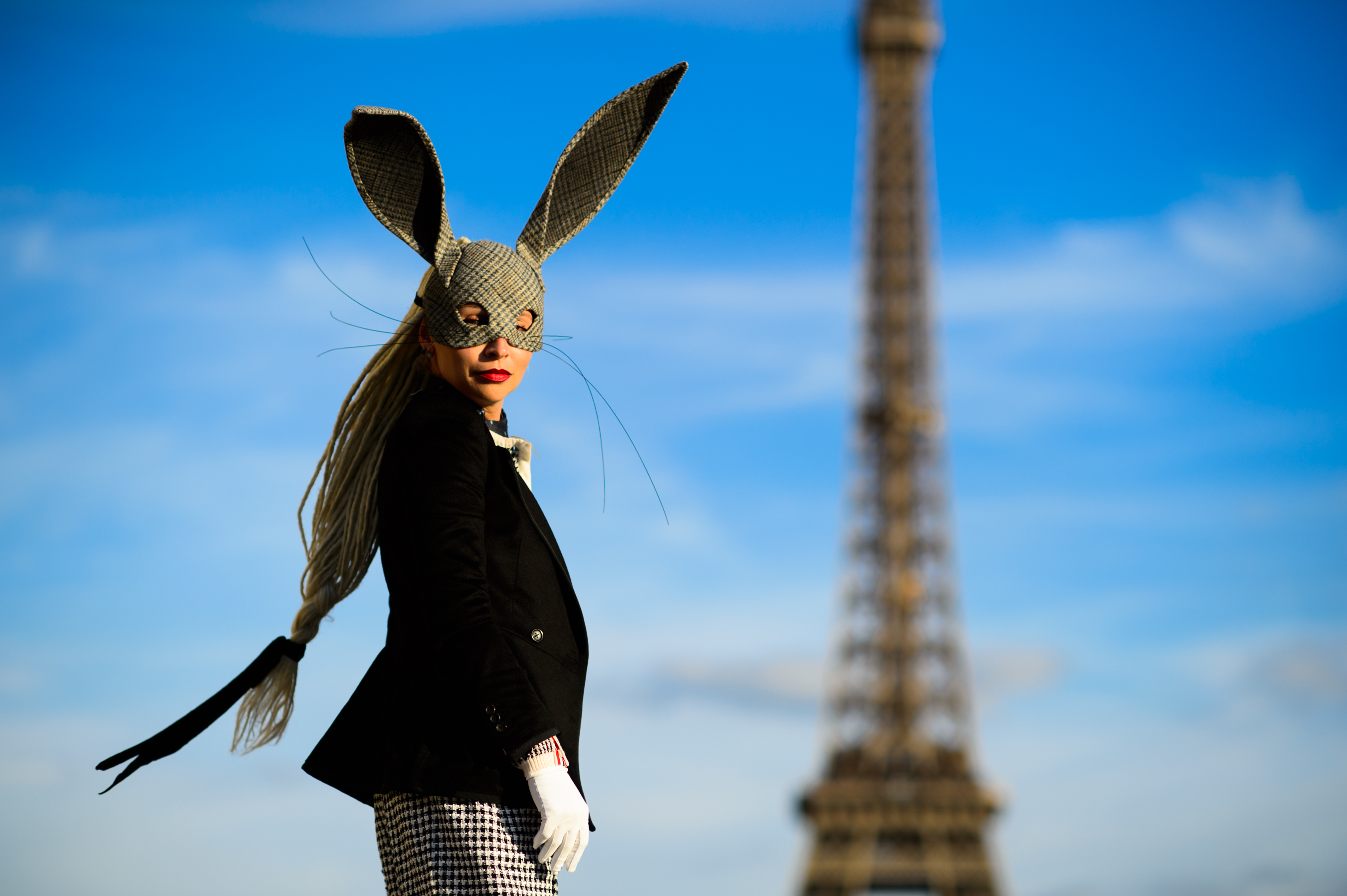 Ukrainian woman wearing Thom Browne rabbit ears