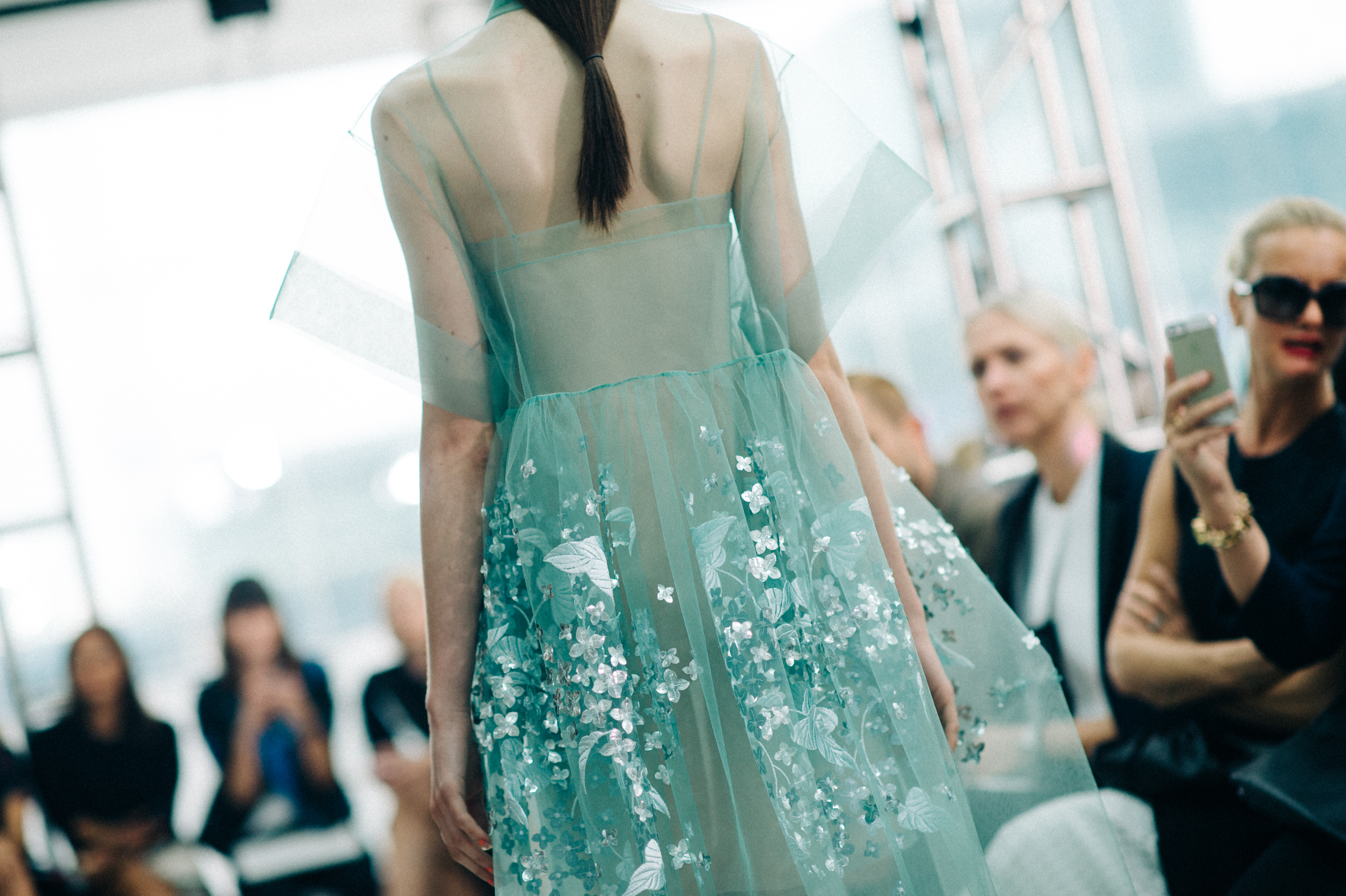 Model wearing a sheer green dress